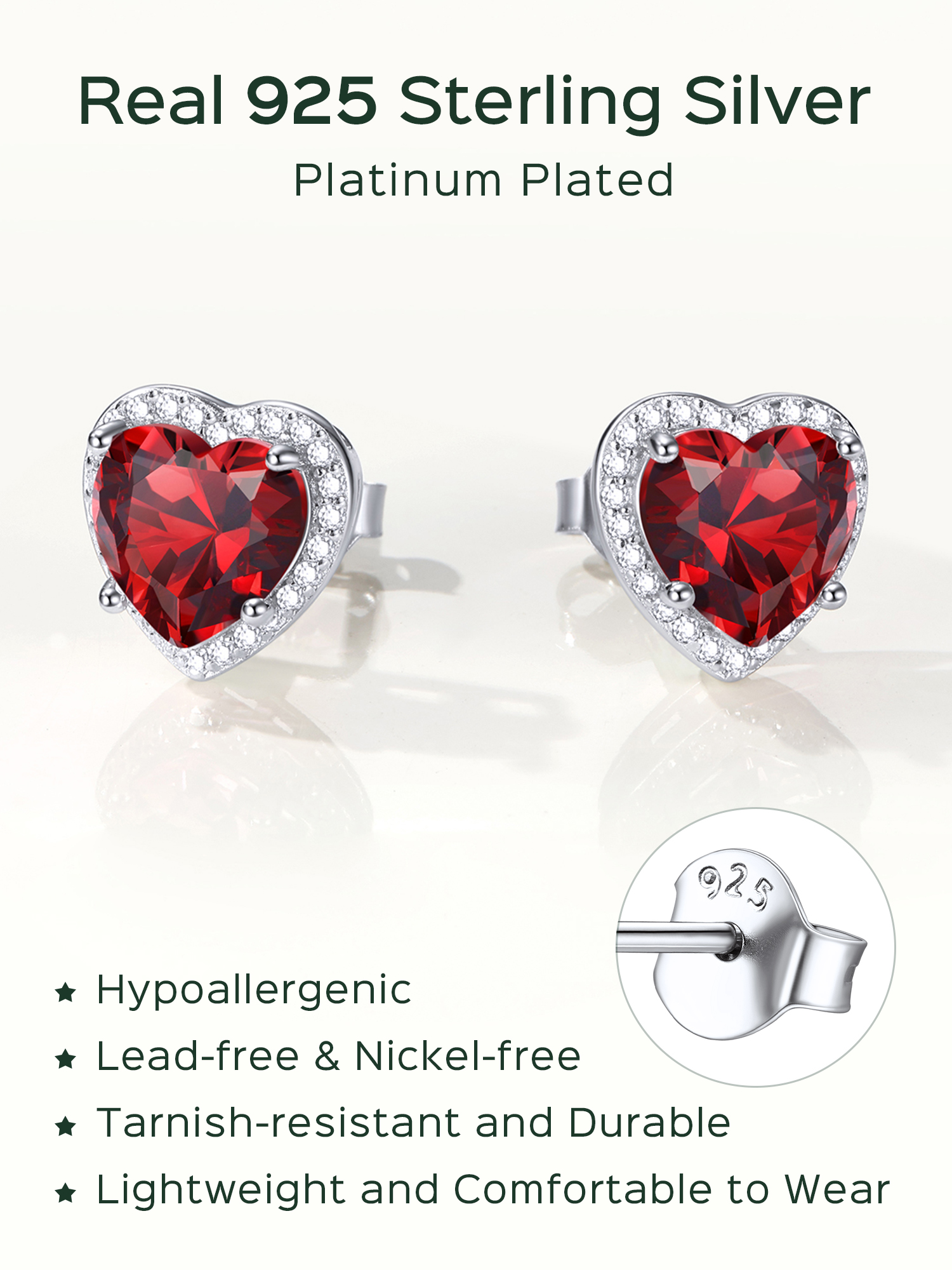 ChicSilver 925 Sterling Silver Birthstone Earrings for Women, January Garnet 8MM/2 Carat Heart CZ Stud Earrings, Birthday Jewelry Gift for Her