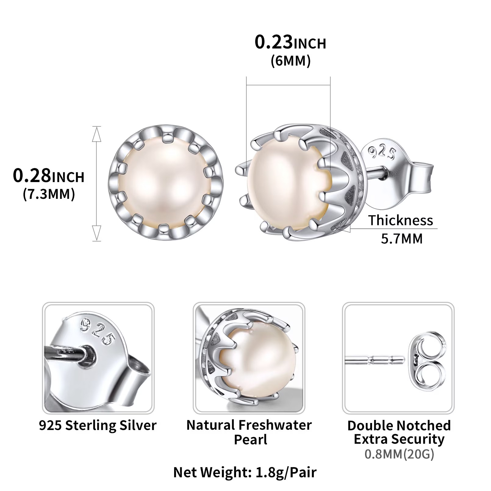 ChicSilver Pearl Earrings for Women 4mm Freshwater Cultured White Button Pearl Stud Earrings 925 Sterling Silver