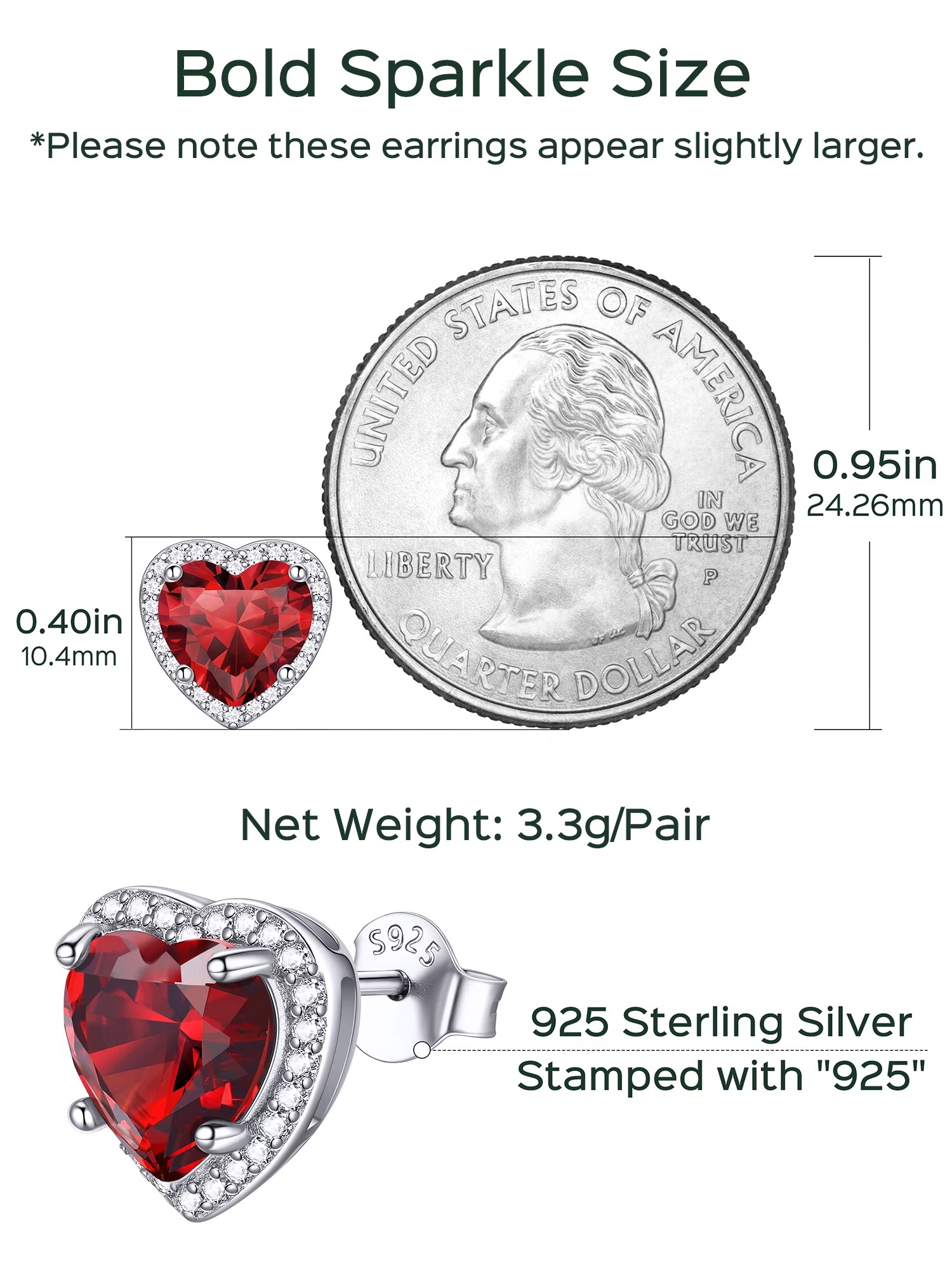 ChicSilver 925 Sterling Silver Birthstone Earrings for Women, January Garnet 8MM/2 Carat Heart CZ Stud Earrings, Birthday Jewelry Gift for Her