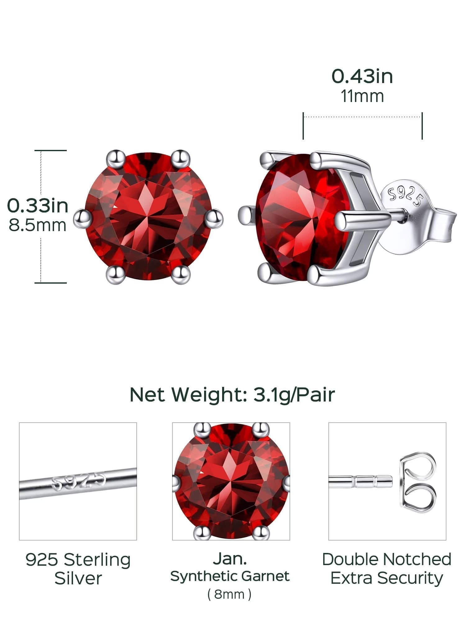 ChicSilver 925 Sterling Silver Simulated Garnet Birthstone Stud Earrings for Women, 8MM / 2Carat Round Cut Hypoallergenic Birthday Gift for Her