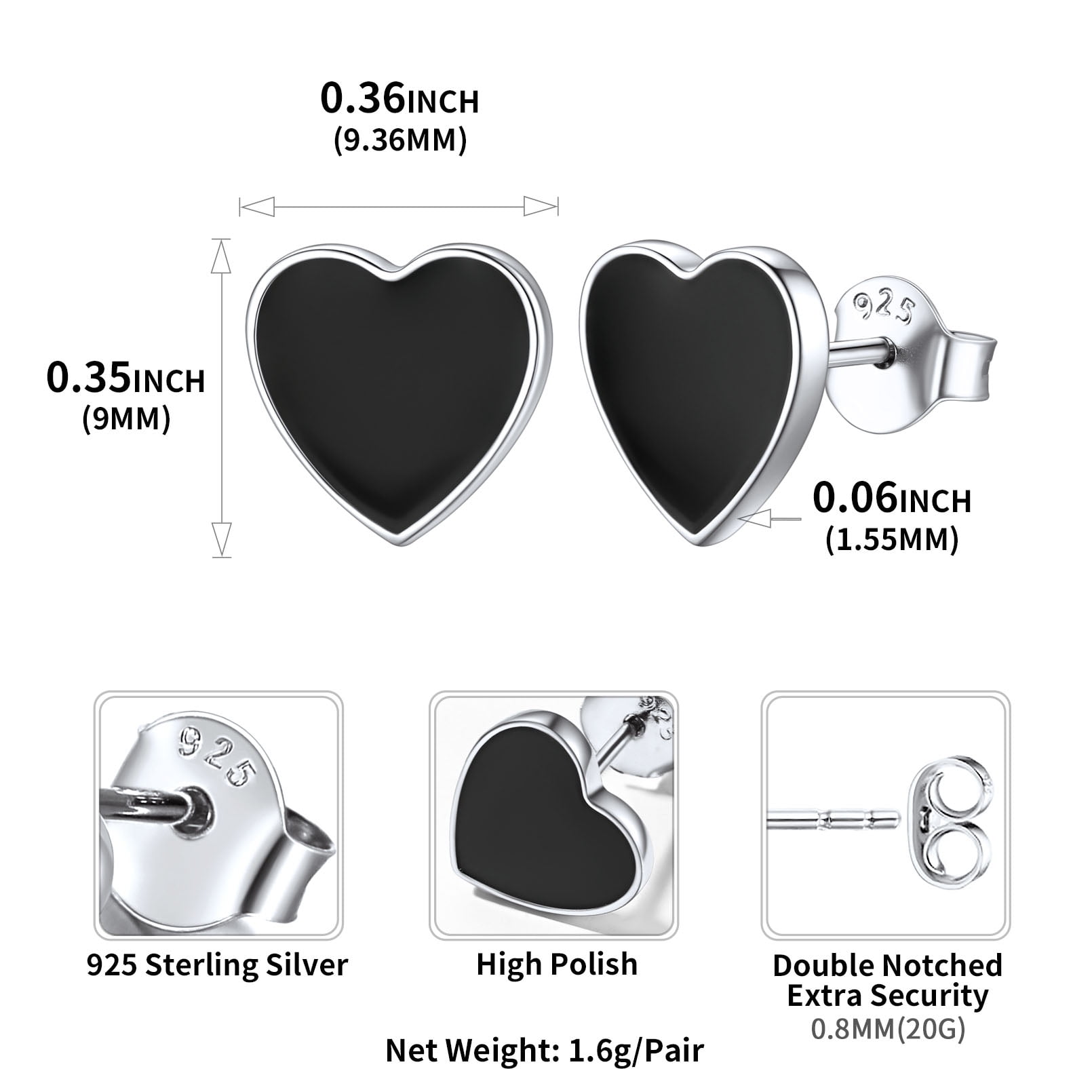 ChicSilver Small Black Heart Stud Earrings Women Men 925 Sterling Silver Earrings Jewelry for Sensitive Ears
