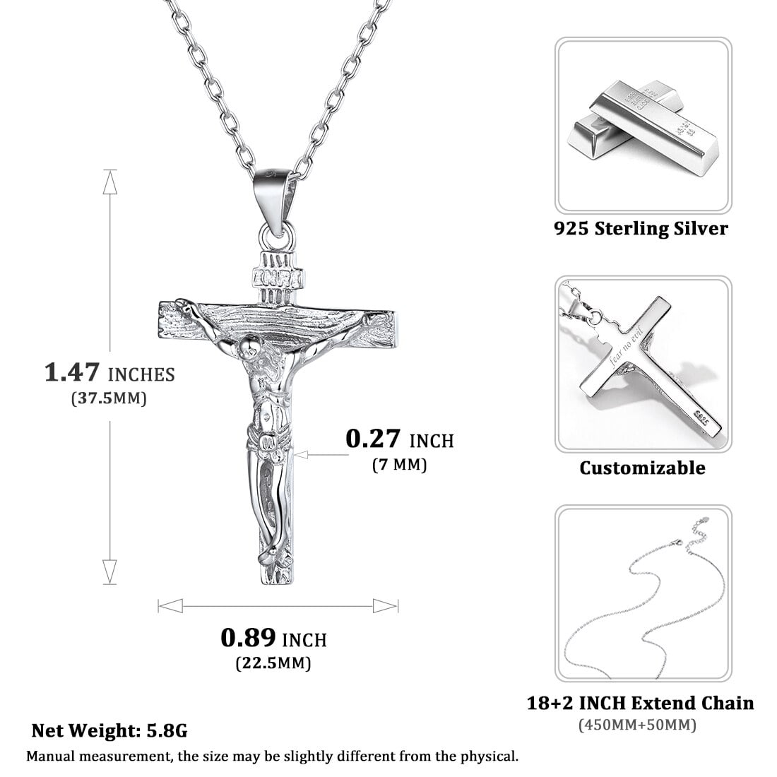 ChicSilver Sterling Silver Crucifix Pendant Unisex Jesus Christ Religious Catholic INRI Cross Necklace - Silver