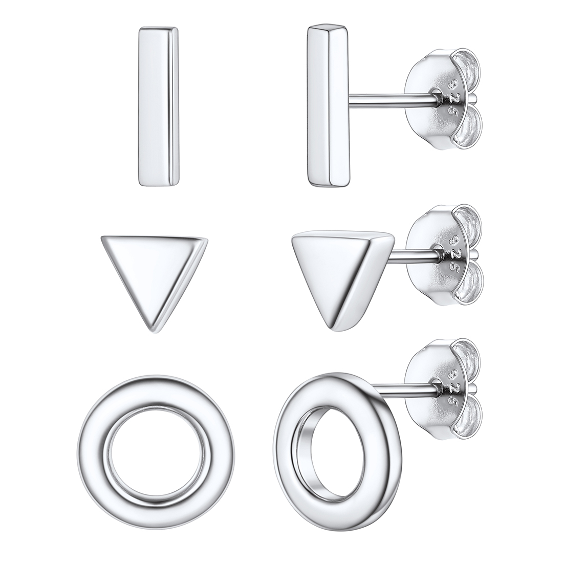 ChicSilver 3 Pairs Sterling Silver Stud Earrings for Women Men, 3/4/5MM Hypoallergenic Simulated Diamond Round Cubic Zirconia Ear Stud Set for Sensitive Ears, Silver