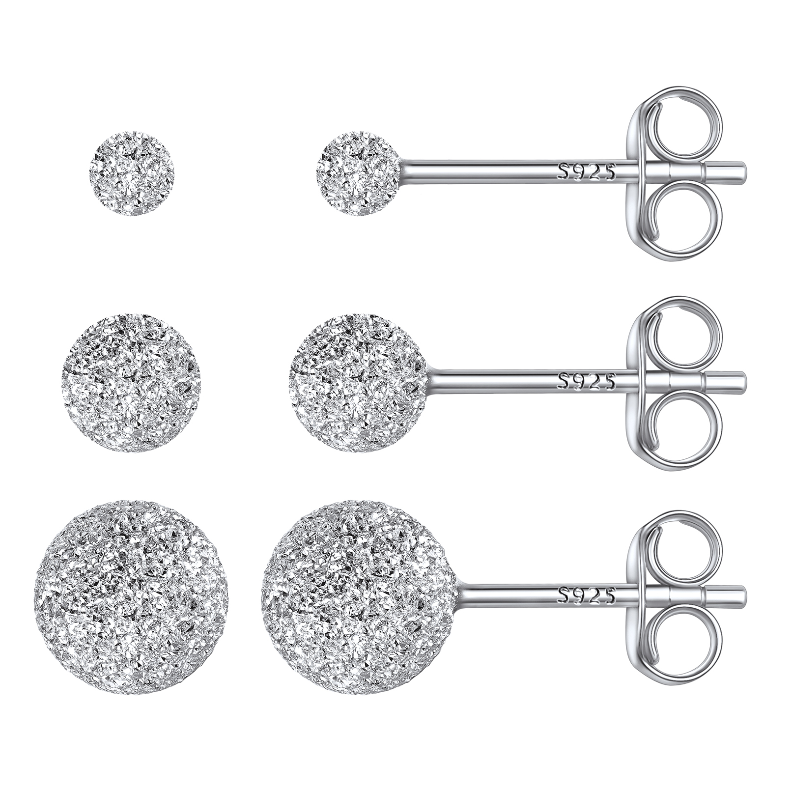 ChicSilver 3 Pairs Sterling Silver Stud Earrings for Women Men, 3/4/5MM Hypoallergenic Simulated Diamond Round Cubic Zirconia Ear Stud Set for Sensitive Ears, Silver