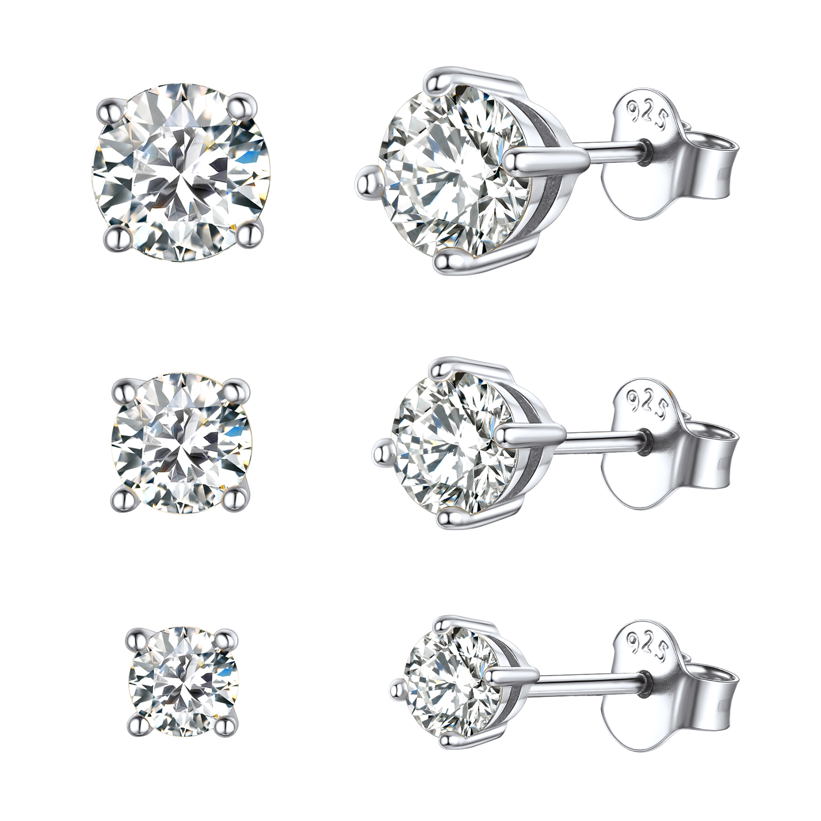 ChicSilver 3 Pairs Sterling Silver Stud Earrings for Women Men, 3/4/5MM Hypoallergenic Simulated Diamond Round Cubic Zirconia Ear Stud Set for Sensitive Ears, Silver