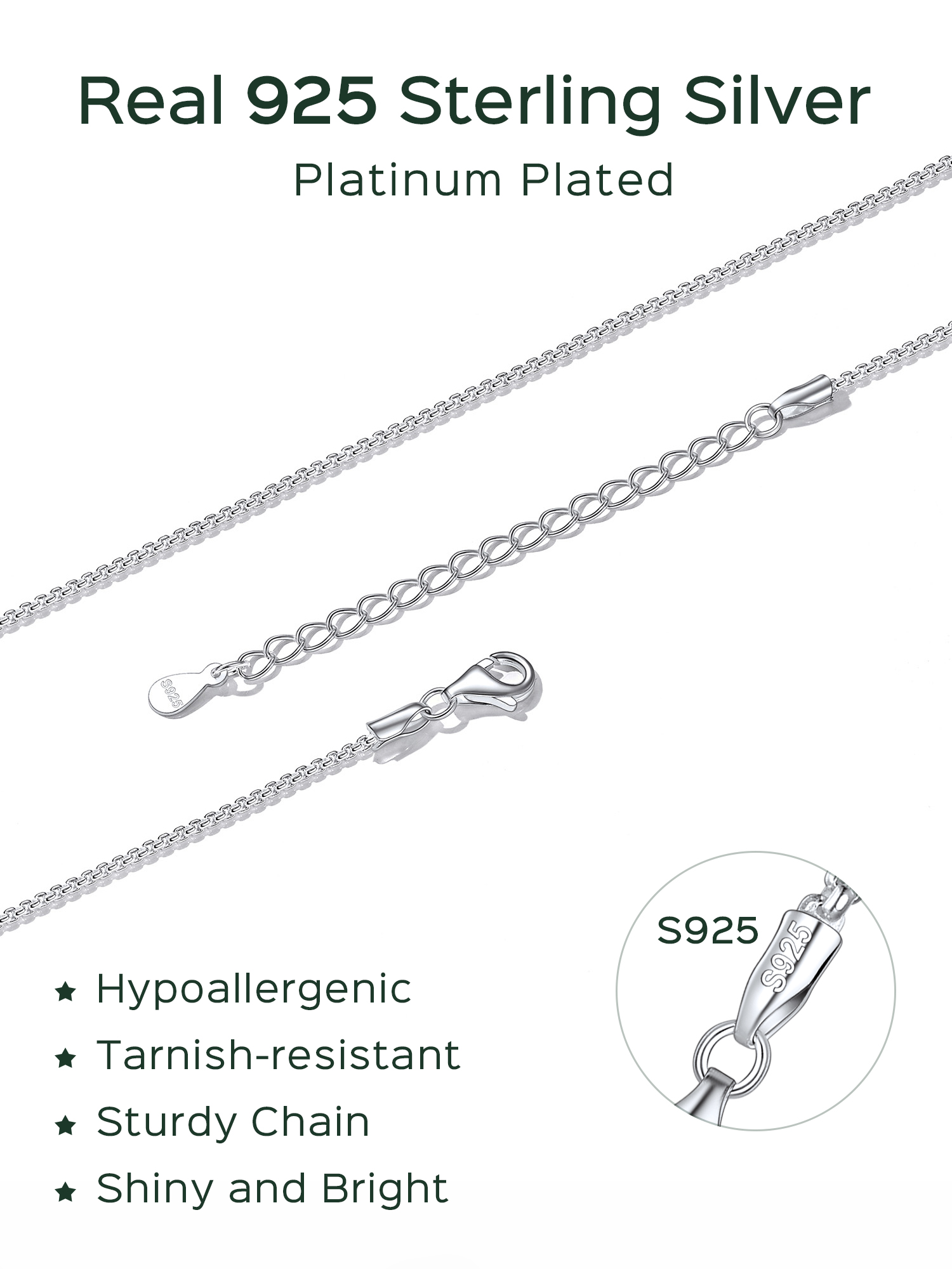 ChicSilver Solid Sterling Silver Polished Box Chain Necklace Chain For Pendants 1-2mm Thin Made in Italy 16-24 inch