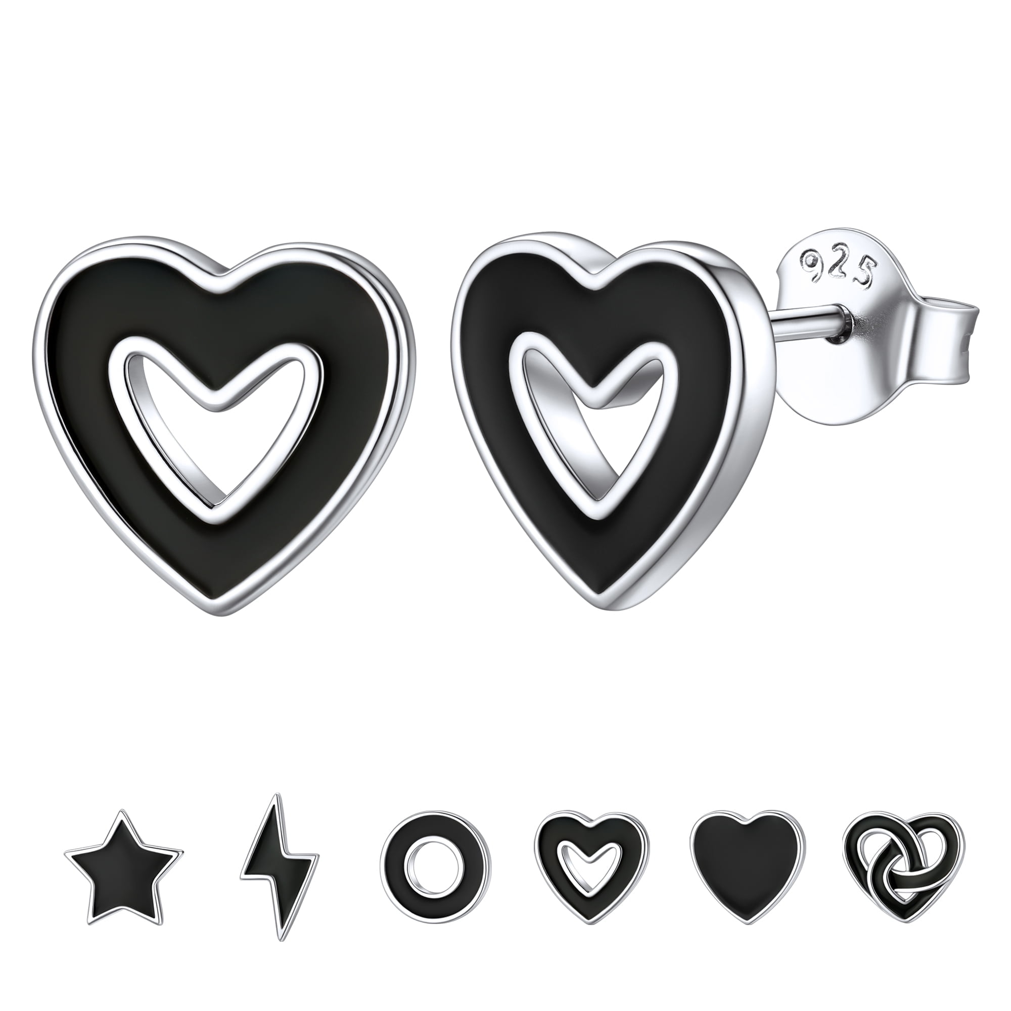 ChicSilver Small Black Heart Stud Earrings Women Men 925 Sterling Silver Earrings Jewelry for Sensitive Ears