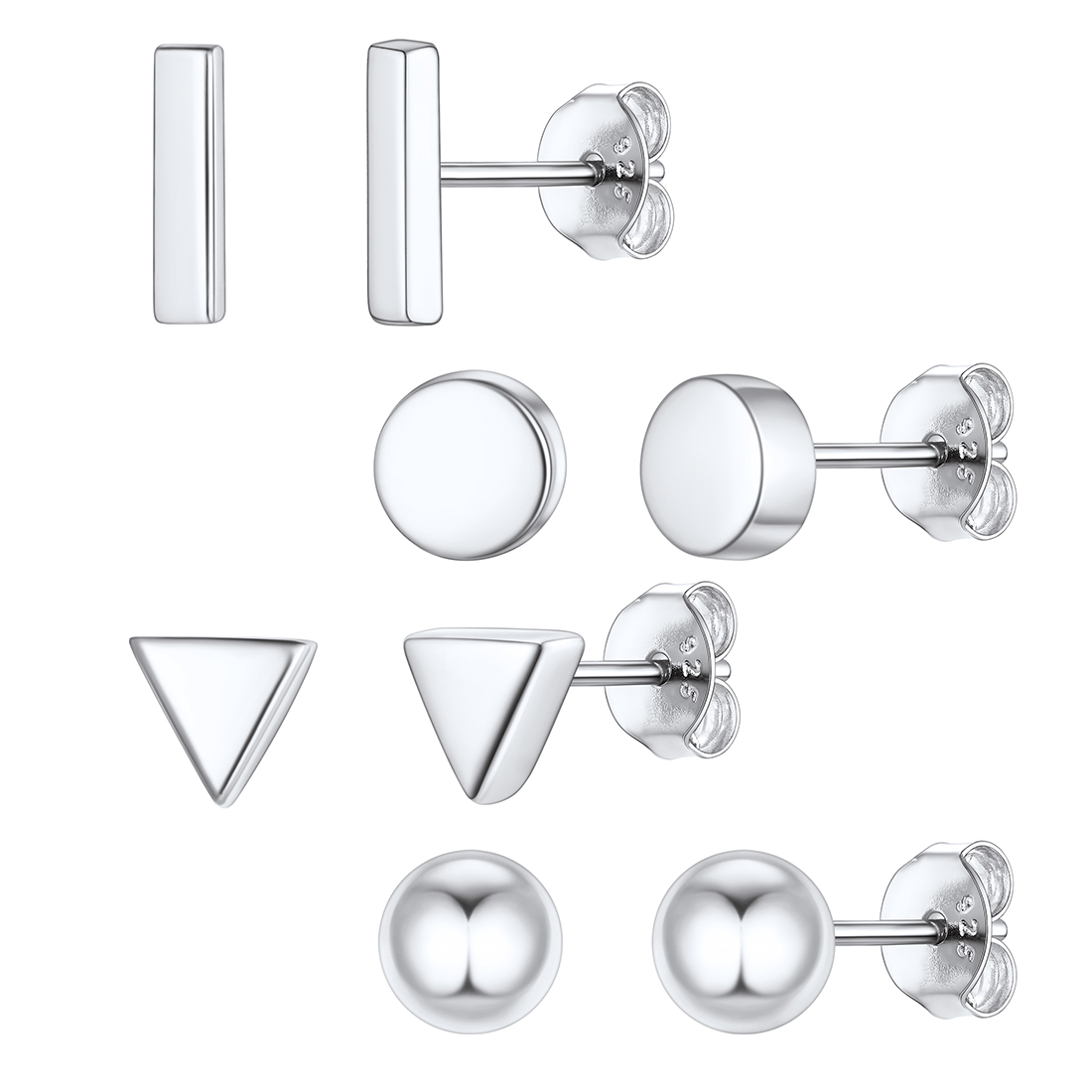 ChicSilver 3 Pairs Sterling Silver Stud Earrings for Women Men, 3/4/5MM Hypoallergenic Simulated Diamond Round Cubic Zirconia Ear Stud Set for Sensitive Ears, Silver