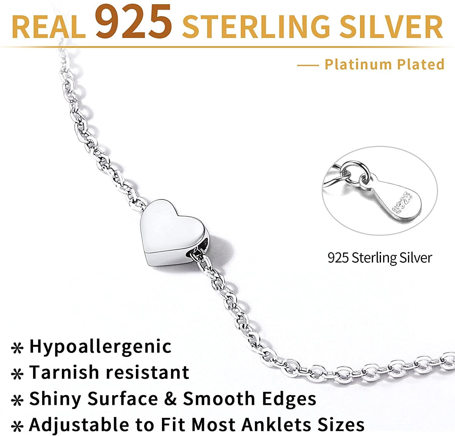 ChicSilver Womens Anklets 925 Sterling Silver Tiny Heart Charm Anklet Bracelet Adjustable