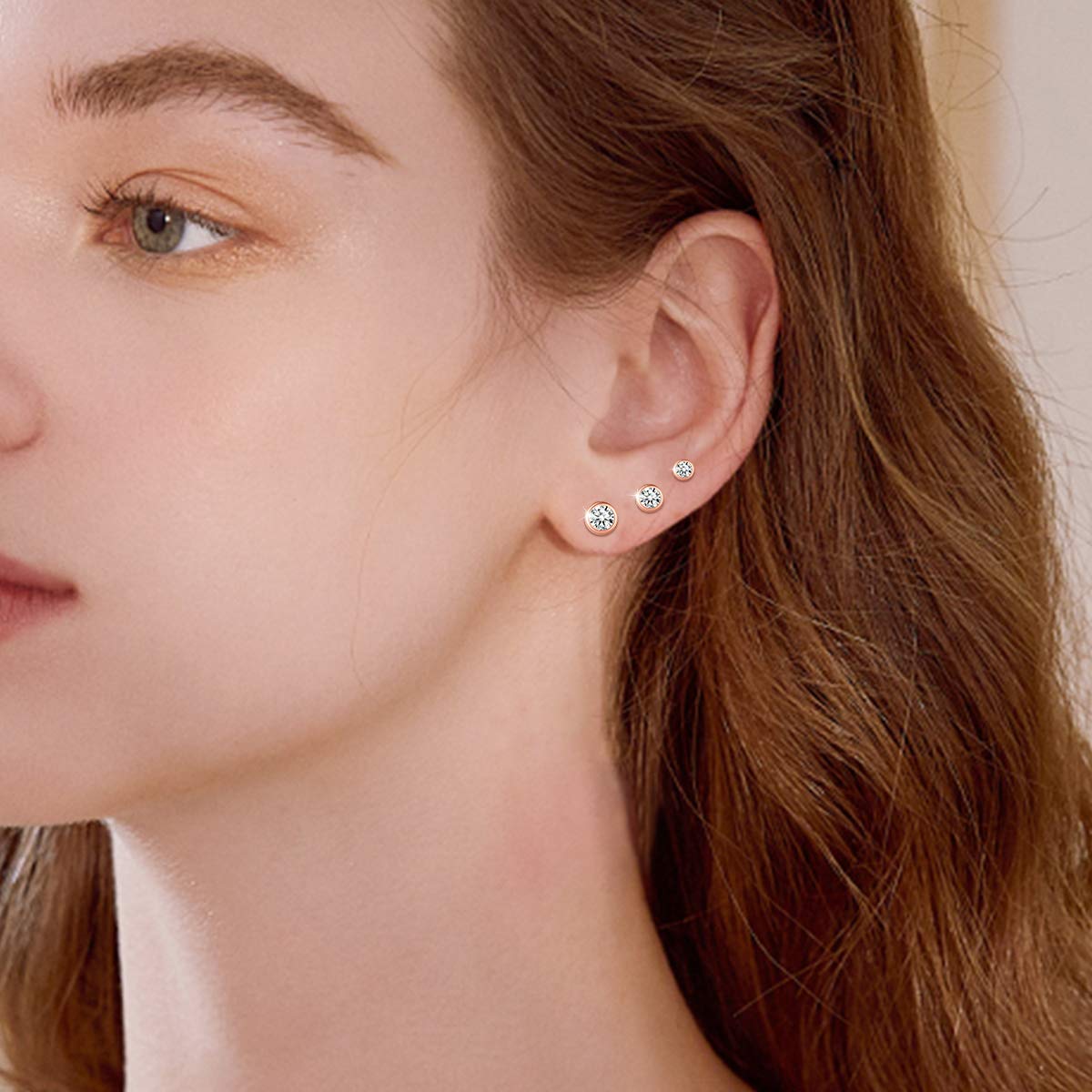 ChicSilver 3 Pairs Sterling Silver Stud Earrings for Women Men, 3/4/5MM Hypoallergenic Simulated Diamond Round Cubic Zirconia Ear Stud Set for Sensitive Ears, Silver