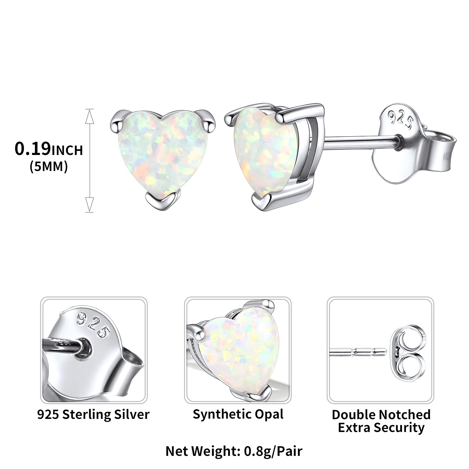 ChicSilver 5mm Heart Earrings Small Created White Opal Jewelry for Women Girls, Sterling Silver Birthstone Stud Earrings Hypoallergenic Birthday Gift