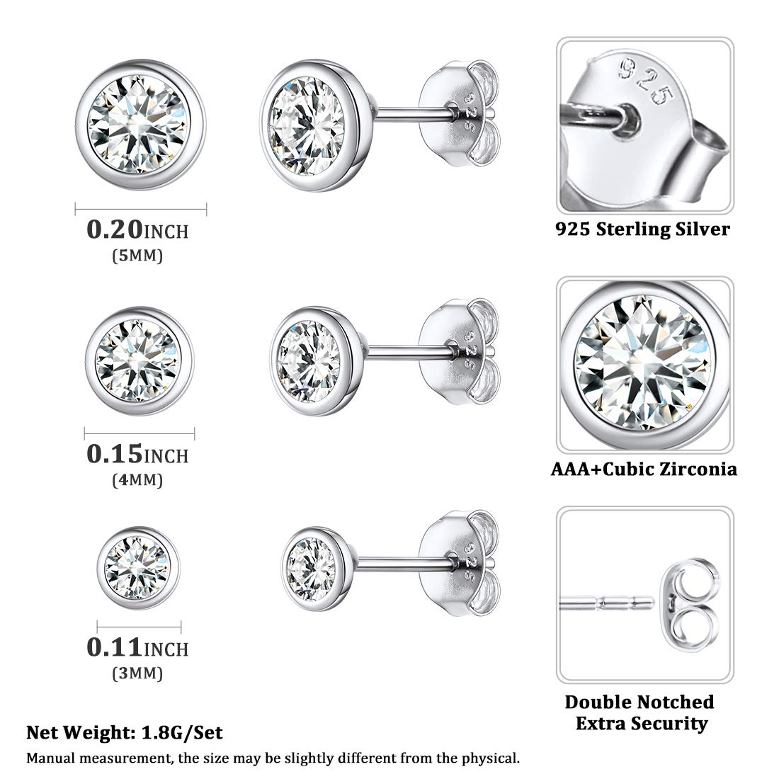 ChicSilver 3 Pairs Sterling Silver Stud Earrings for Women Men, 3/4/5MM Hypoallergenic Simulated Diamond Round Cubic Zirconia Ear Stud Set for Sensitive Ears, Silver
