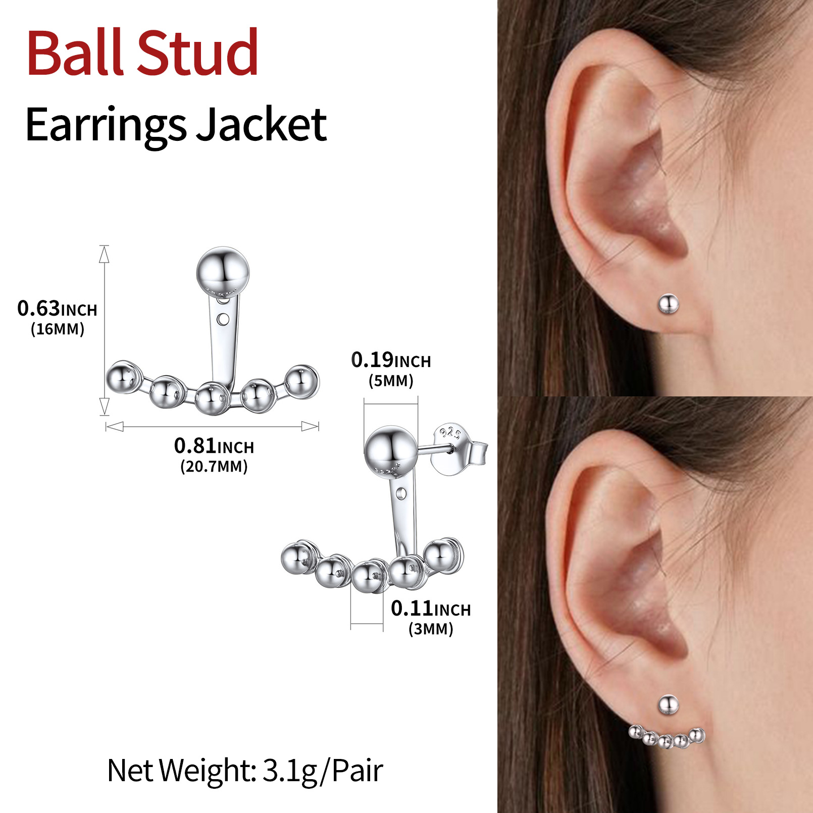 ChicSilver Front Back Stud Earrings Ear Jacket Earrings 925 Sterling Silver Jewelry for Women Girls (Silver)