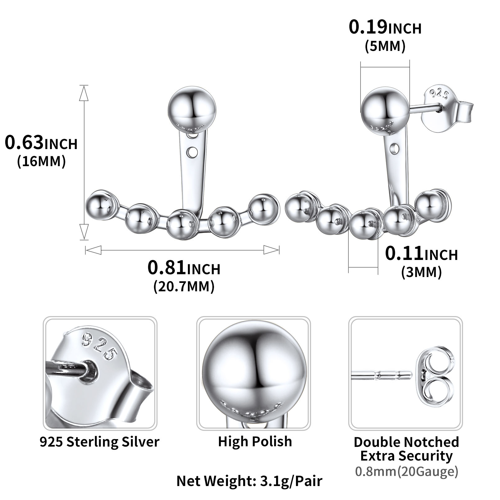 ChicSilver Front Back Stud Earrings Ear Jacket Earrings 925 Sterling Silver Jewelry for Women Girls (Silver)