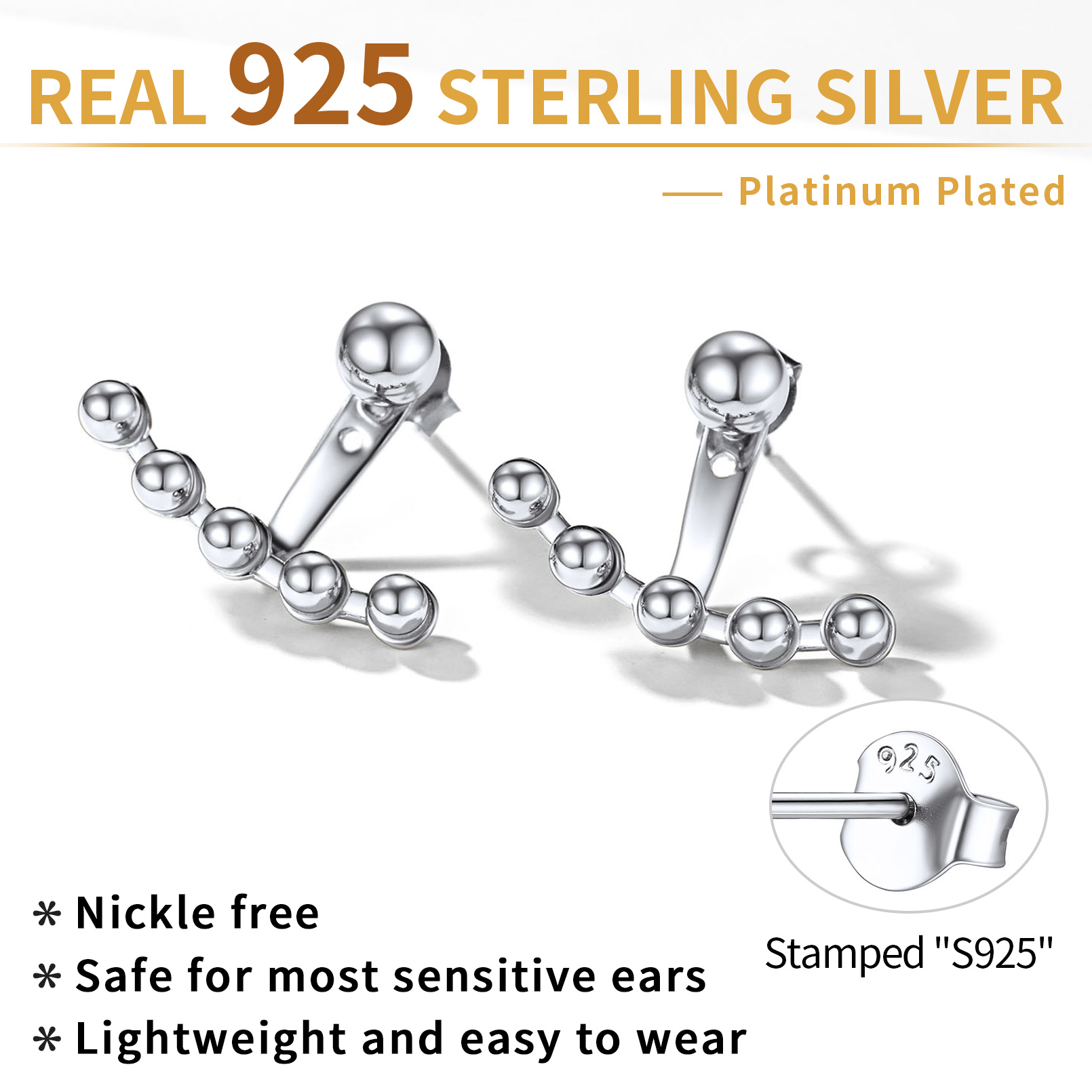 ChicSilver Front Back Stud Earrings Ear Jacket Earrings 925 Sterling Silver Jewelry for Women Girls (Silver)