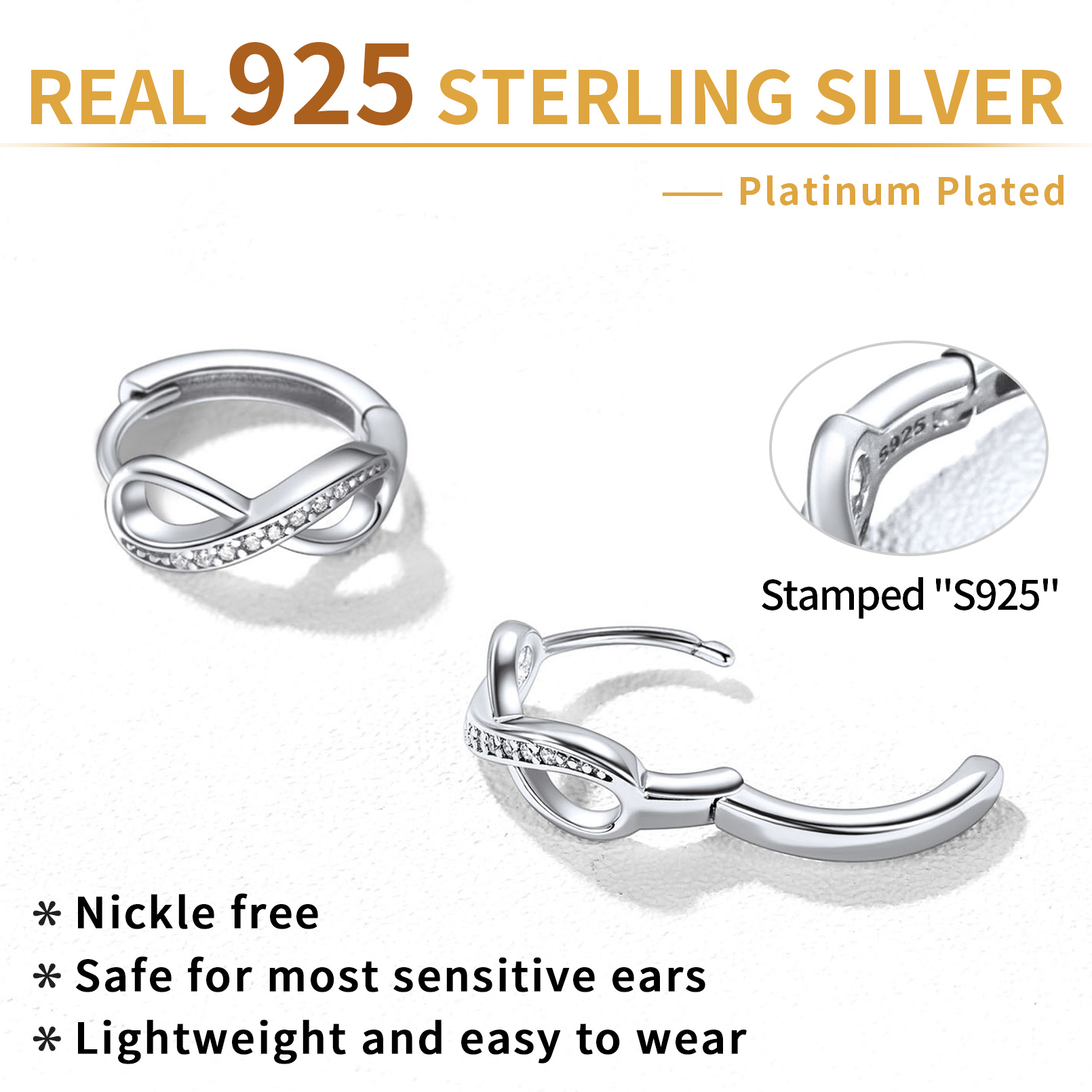 ChicSilver Infinity Small Hoop Earrings 925 Sterling Silver CZ Huggie Earrings for Women Girls Hypoallergenic Jewelry, Silver