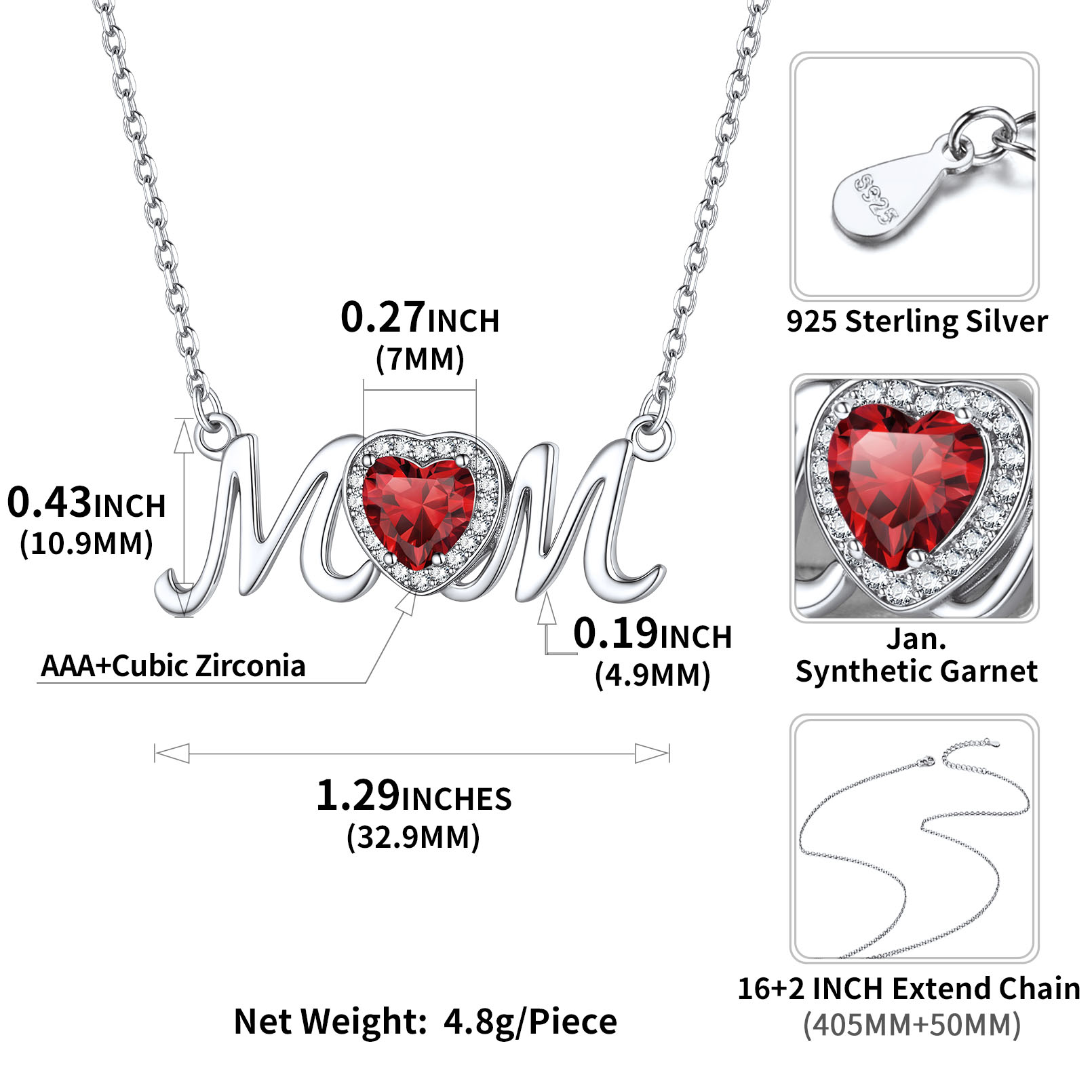 ChicSilver Mom Necklace for Women 925 Sterling Silver Heart Birthstone Jewelry Mothers Day Birthday Christmas Gift from Daughter Son - January