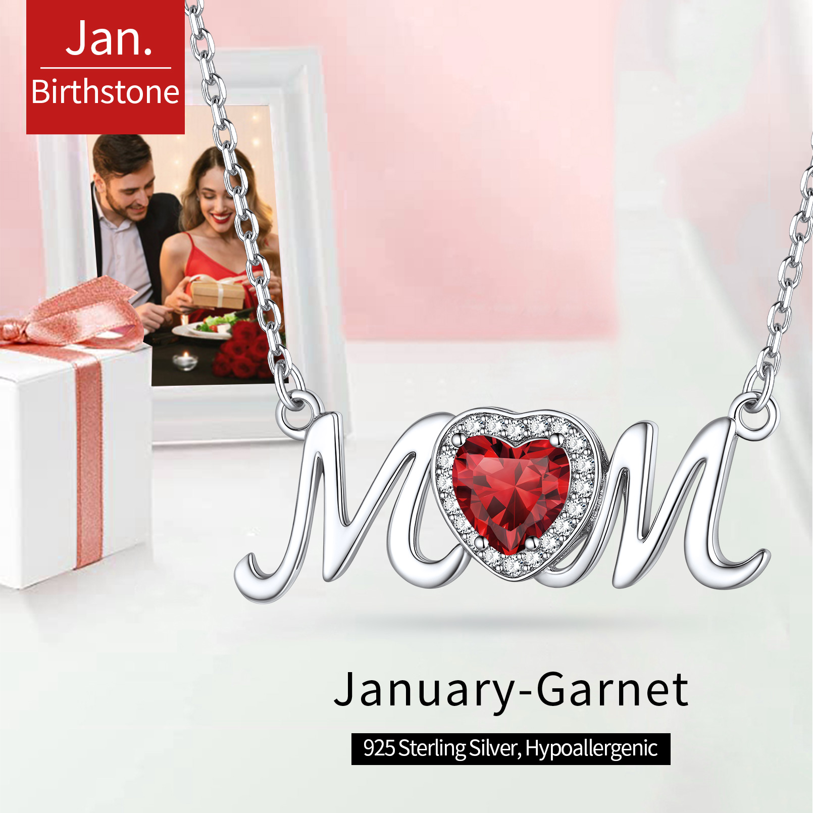 ChicSilver Mom Necklace for Women 925 Sterling Silver Heart Birthstone Jewelry Mothers Day Birthday Christmas Gift from Daughter Son - January