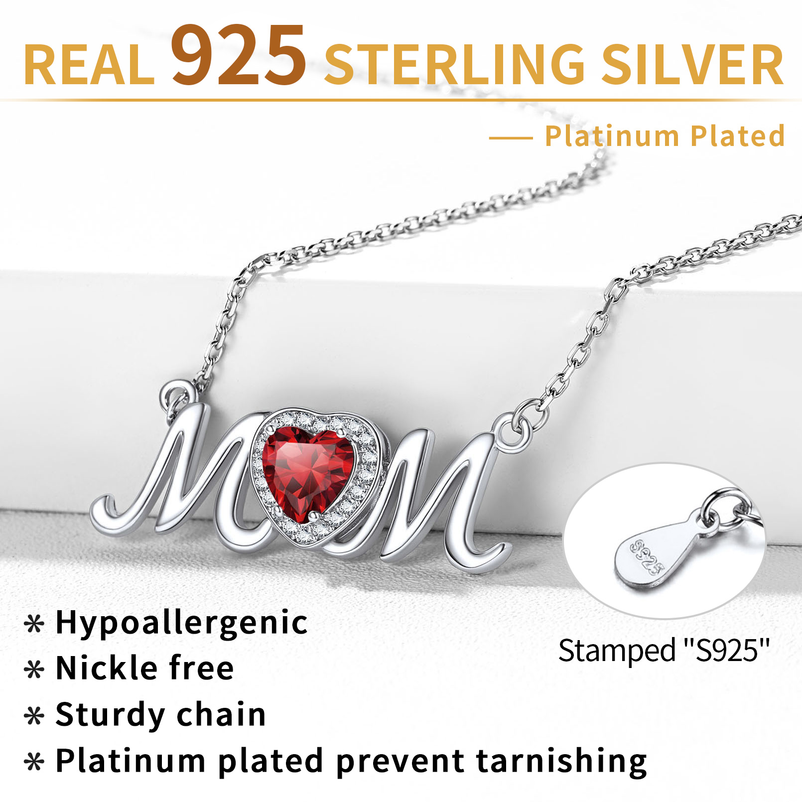 ChicSilver Mom Necklace for Women 925 Sterling Silver Heart Birthstone Jewelry Mothers Day Birthday Christmas Gift from Daughter Son - January