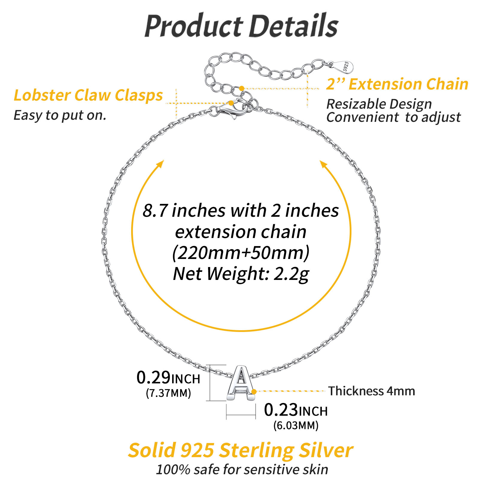 ChicSilver Initial Ankle Bracelets for Women 925 Sterling Silver Letter Anklets Beach Foot Chain Personalized Alphabet Summer Jewelry (A)