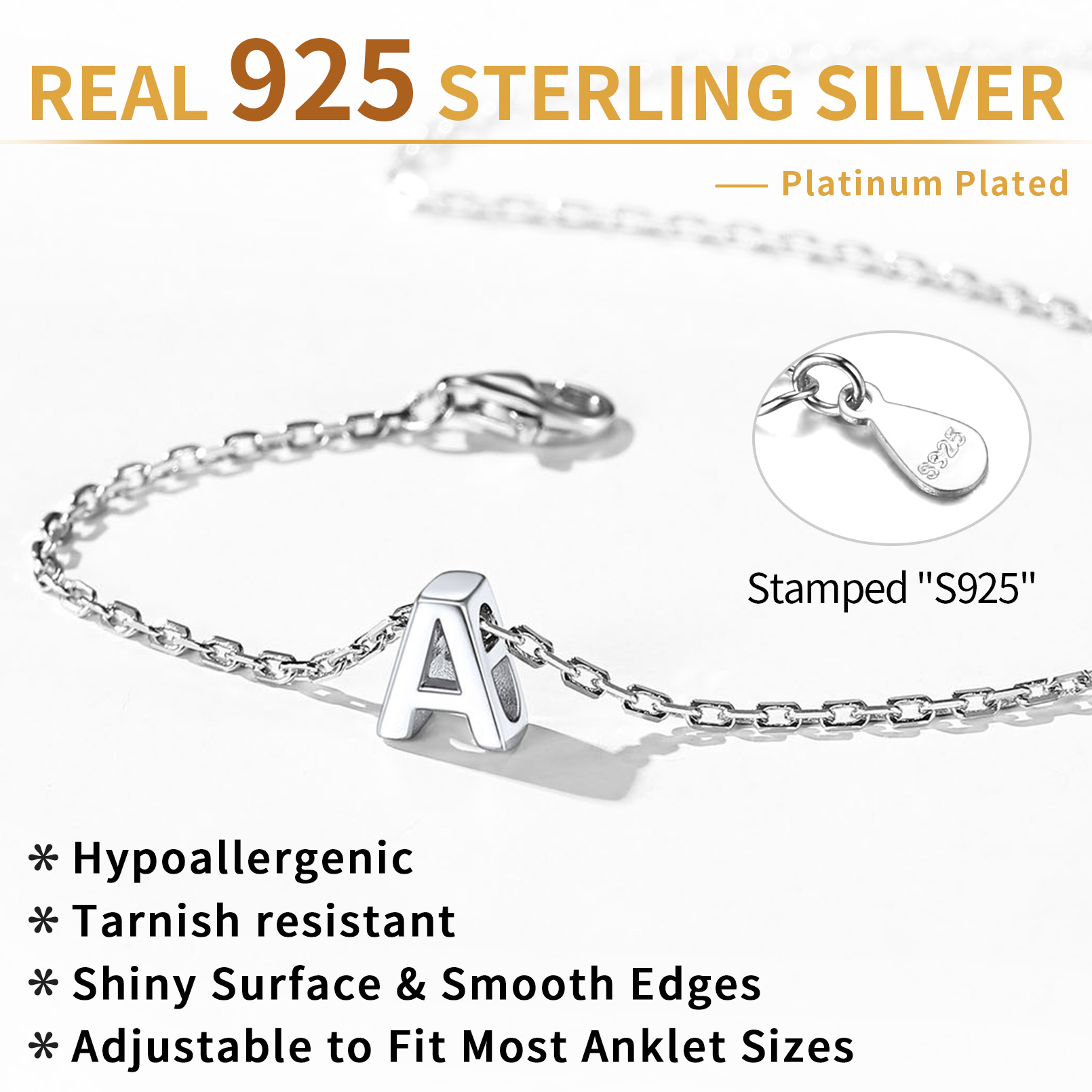 ChicSilver Initial Ankle Bracelets for Women 925 Sterling Silver Letter Anklets Beach Foot Chain Personalized Alphabet Summer Jewelry (A)