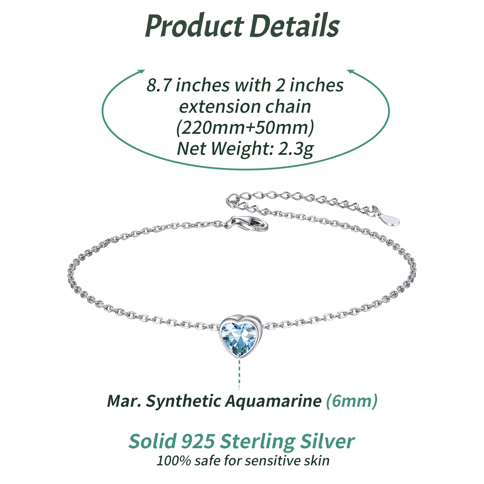 ChicSilver Sterling Silver Anklet Bracelet with Heart March Birthstone Summer Foot Chain Beach Vacation Ankle Jewelry for Women Girls