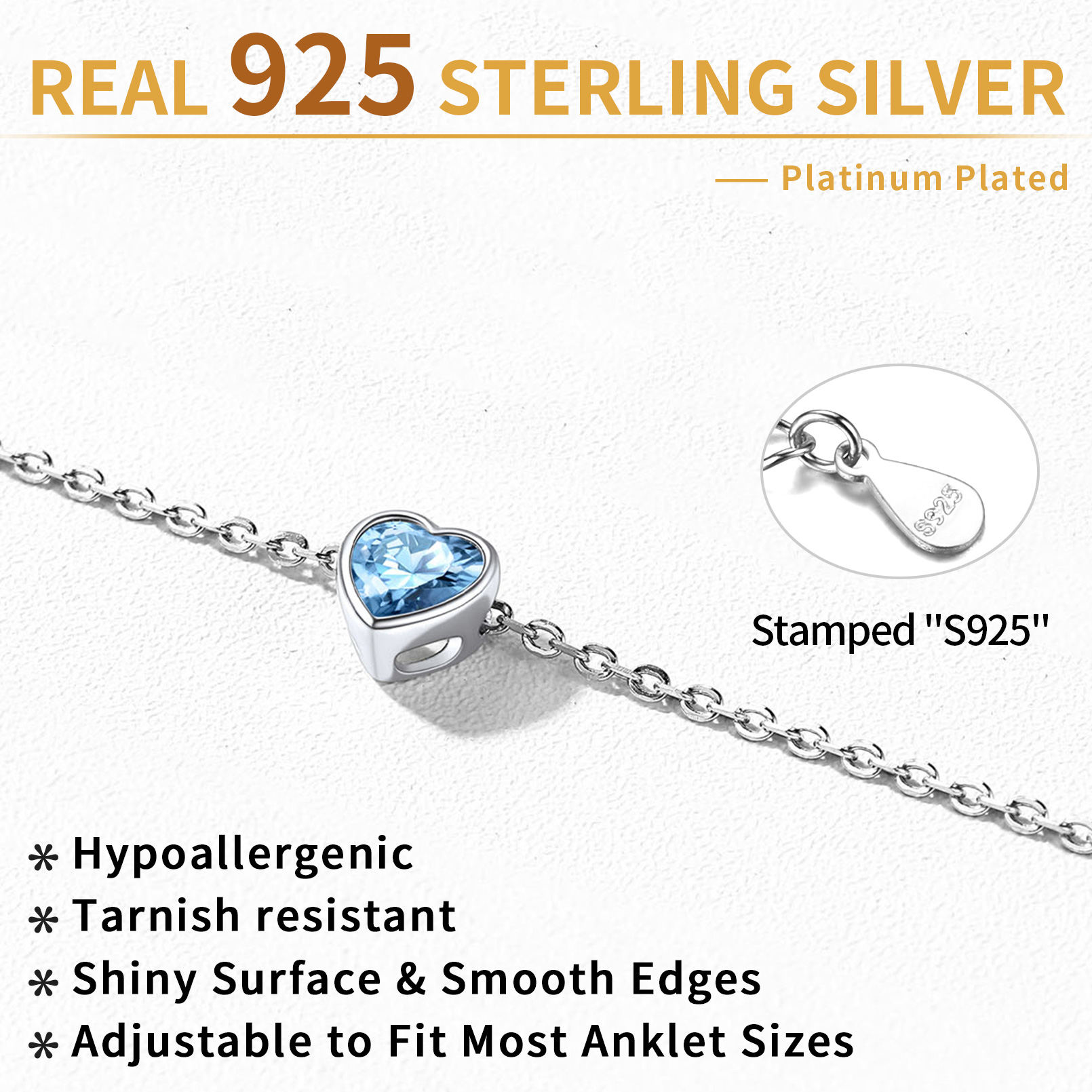 ChicSilver Sterling Silver Anklet Bracelet with Heart March Birthstone Summer Foot Chain Beach Vacation Ankle Jewelry for Women Girls