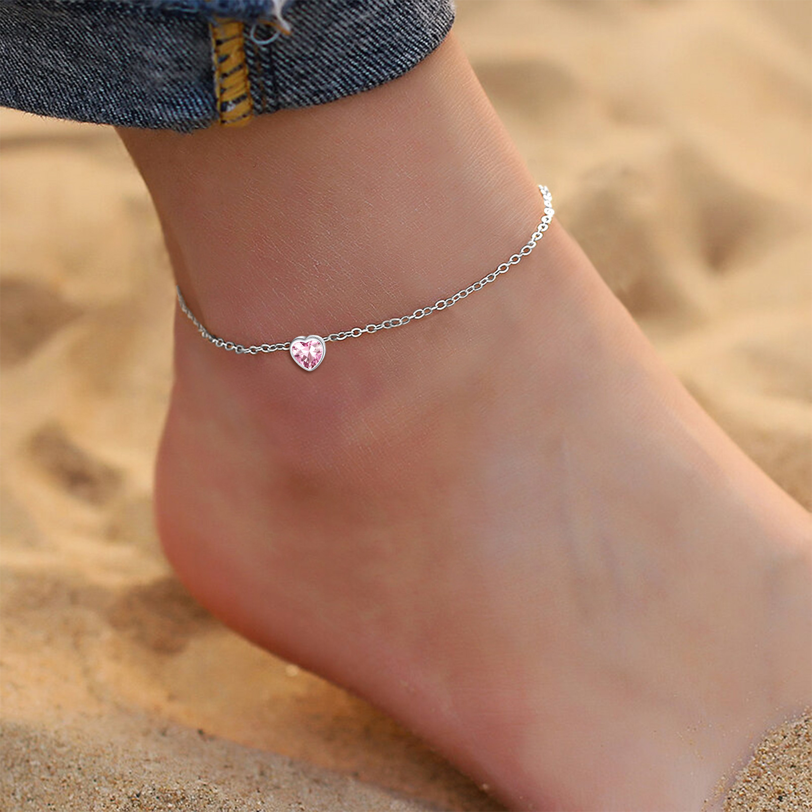 ChicSilver Sterling Silver Anklet Bracelet with Heart March Birthstone Summer Foot Chain Beach Vacation Ankle Jewelry for Women Girls