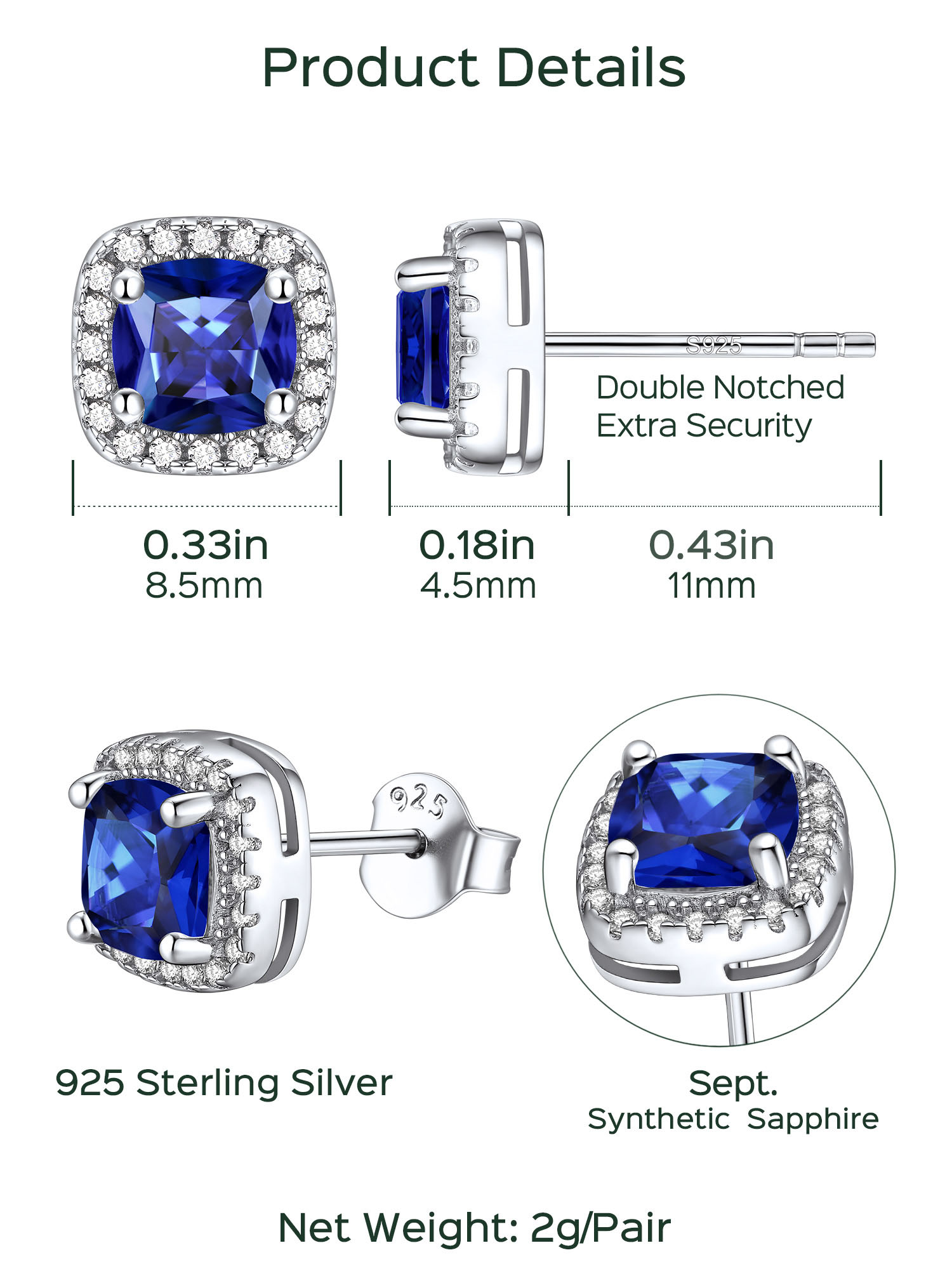 ChicSilver 925 Sterling Silver Birthstone Earrings for Women Teen Girls Created Gemstone Crystal Square Stud Earrings Halo Earrings Birthday Jewelry