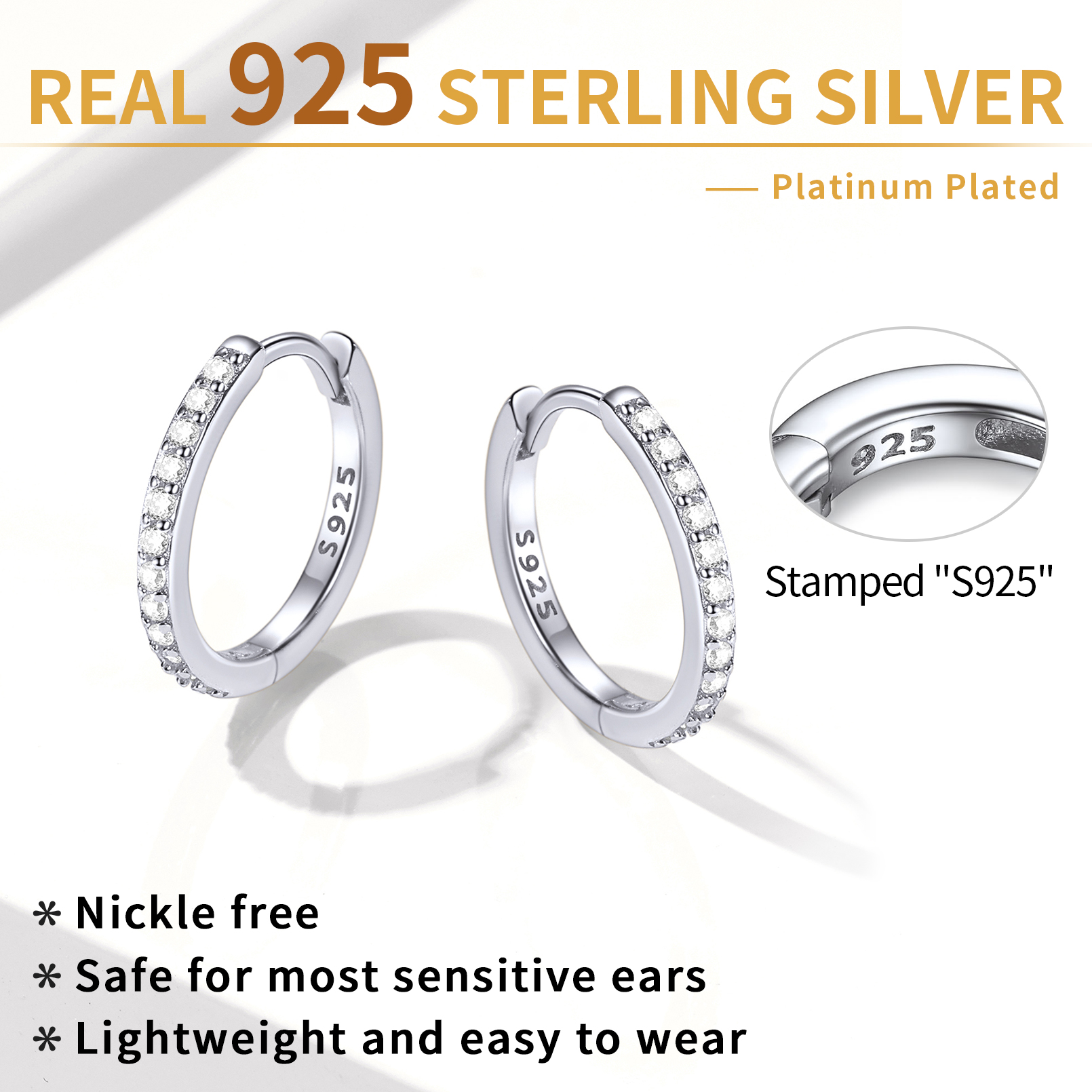 ChicSilver 925 Sterling Silver Small Hoop Earrings for Women Cubic Zirconia 8MM