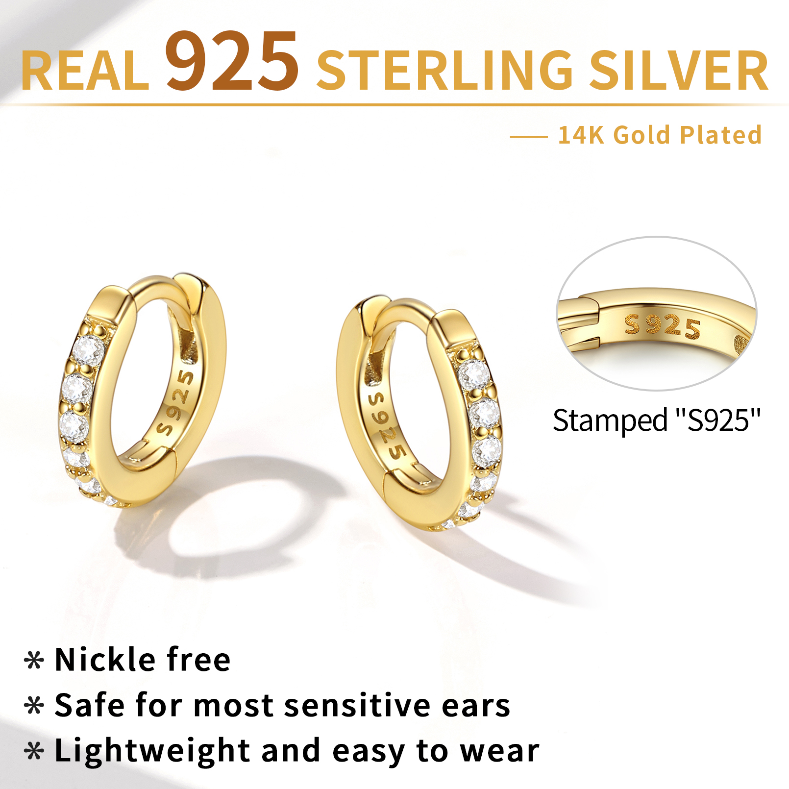 ChicSilver 925 Sterling Silver Small Hoop Earrings for Women Cubic Zirconia 8MM