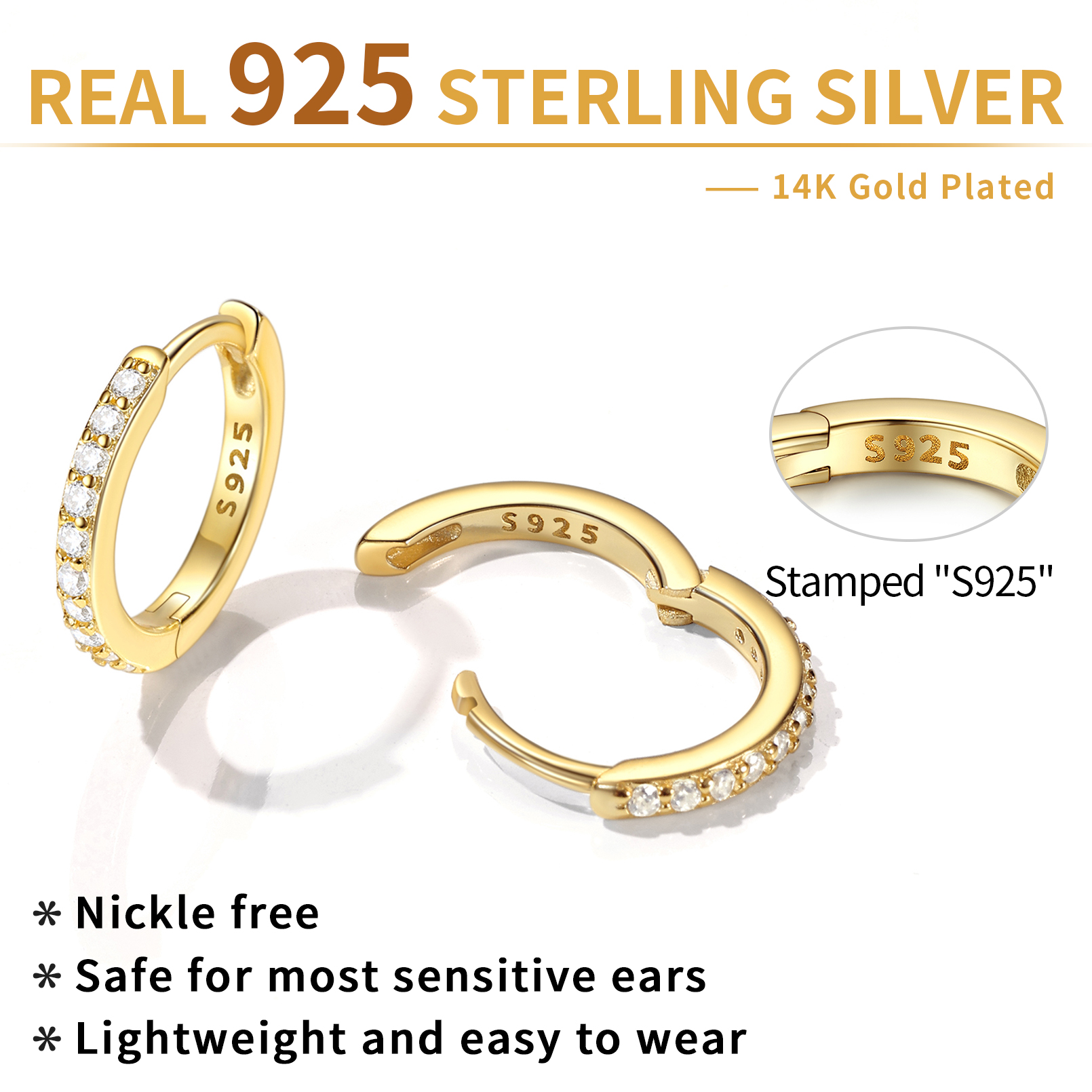 ChicSilver 925 Sterling Silver Small Hoop Earrings for Women Cubic Zirconia 8MM