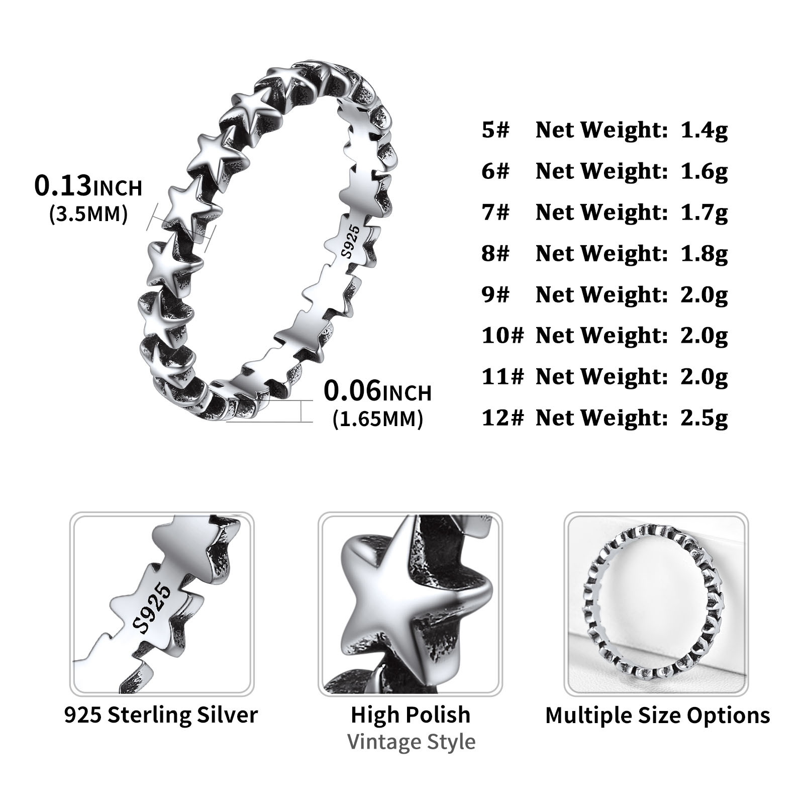 ChicSilver Star Women Rings 925 Sterling Silver 3.5mm Retro Stacking Rings Eternity Wedding Band for Women Size 5-12
