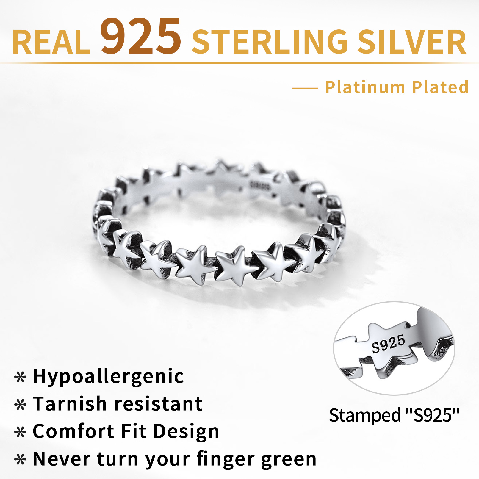 ChicSilver Star Women Rings 925 Sterling Silver 3.5mm Retro Stacking Rings Eternity Wedding Band for Women Size 5-12