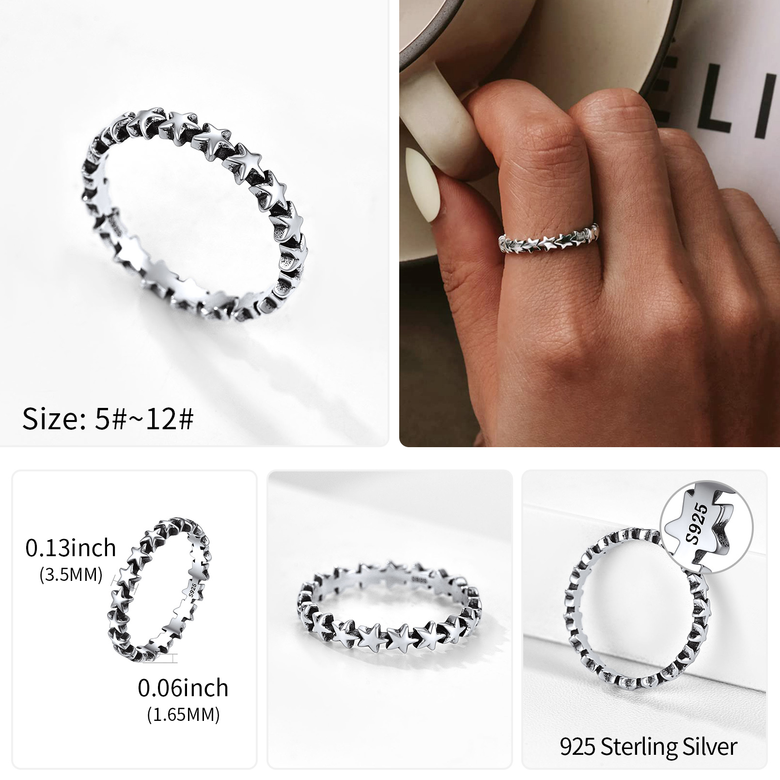 ChicSilver Star Women Rings 925 Sterling Silver 3.5mm Retro Stacking Rings Eternity Wedding Band for Women Size 5-12