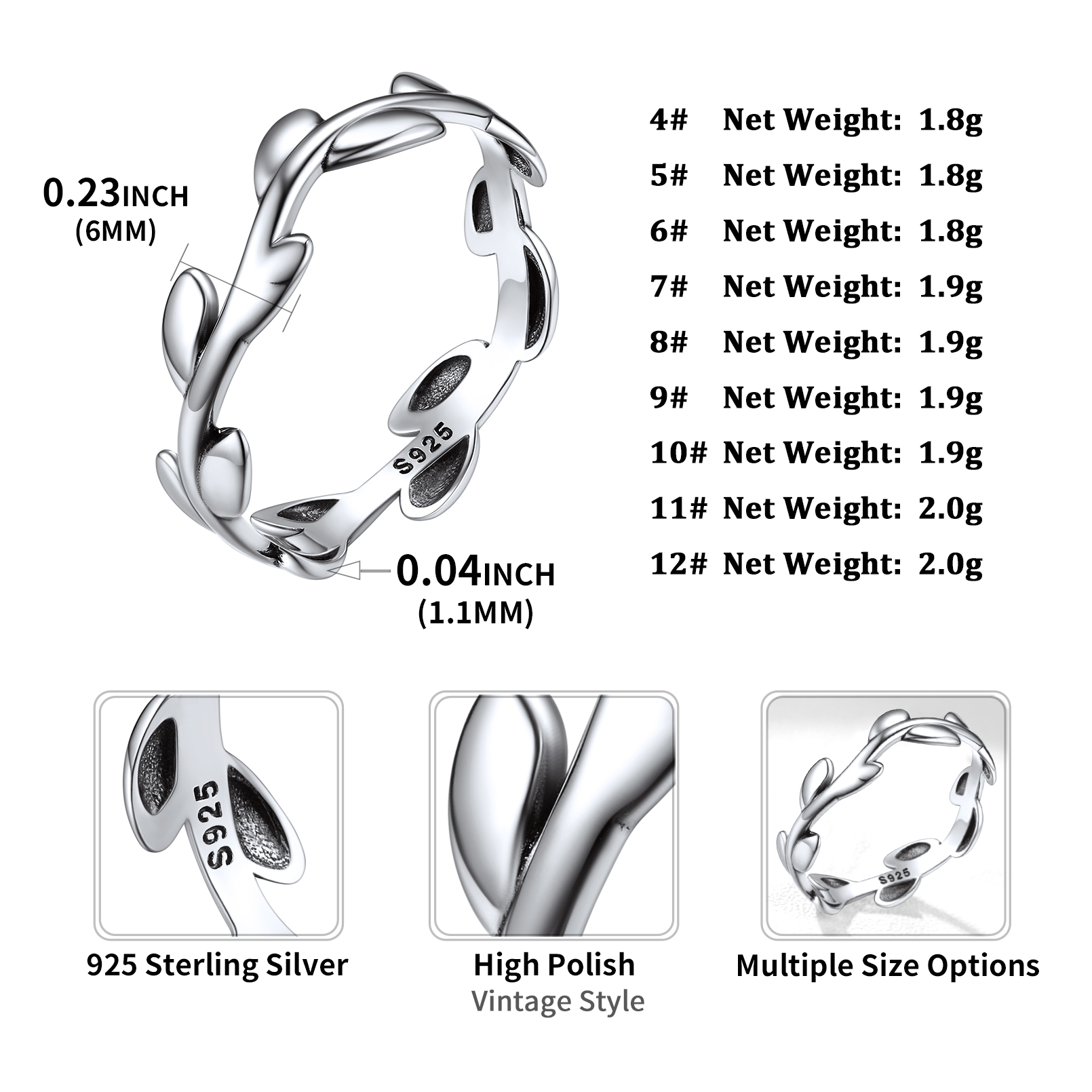ChicSilver 925 Sterling Silver Ring Olive Leaf Engagement Wedding Band Promise Ring for Women Size 4-12