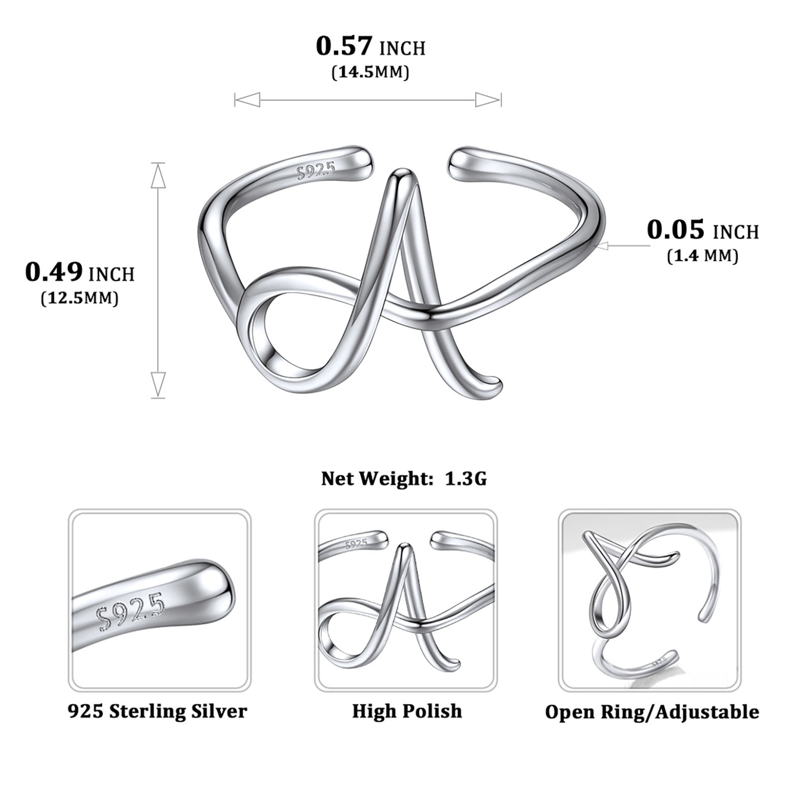 ChicSilver 925 Sterling Silver Adjustable Initial Letter Ring A-Z Stackable Ring for Women Cute Thumb Pinky Fashion Unique Open Simple Birthday Gifts Jewelry