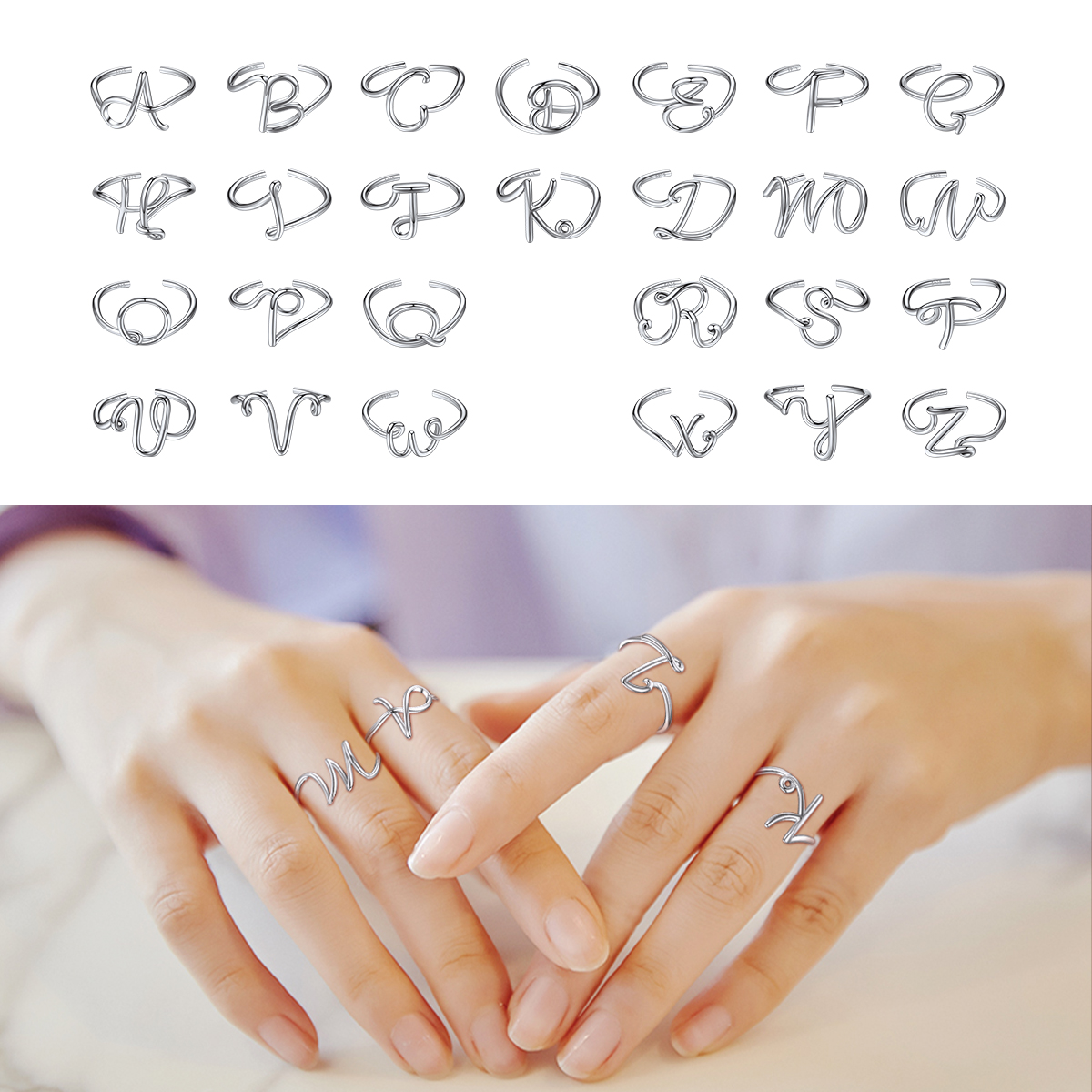 ChicSilver 925 Sterling Silver Adjustable Initial Letter Ring A-Z Stackable Ring for Women Cute Thumb Pinky Fashion Unique Open Simple Birthday Gifts Jewelry
