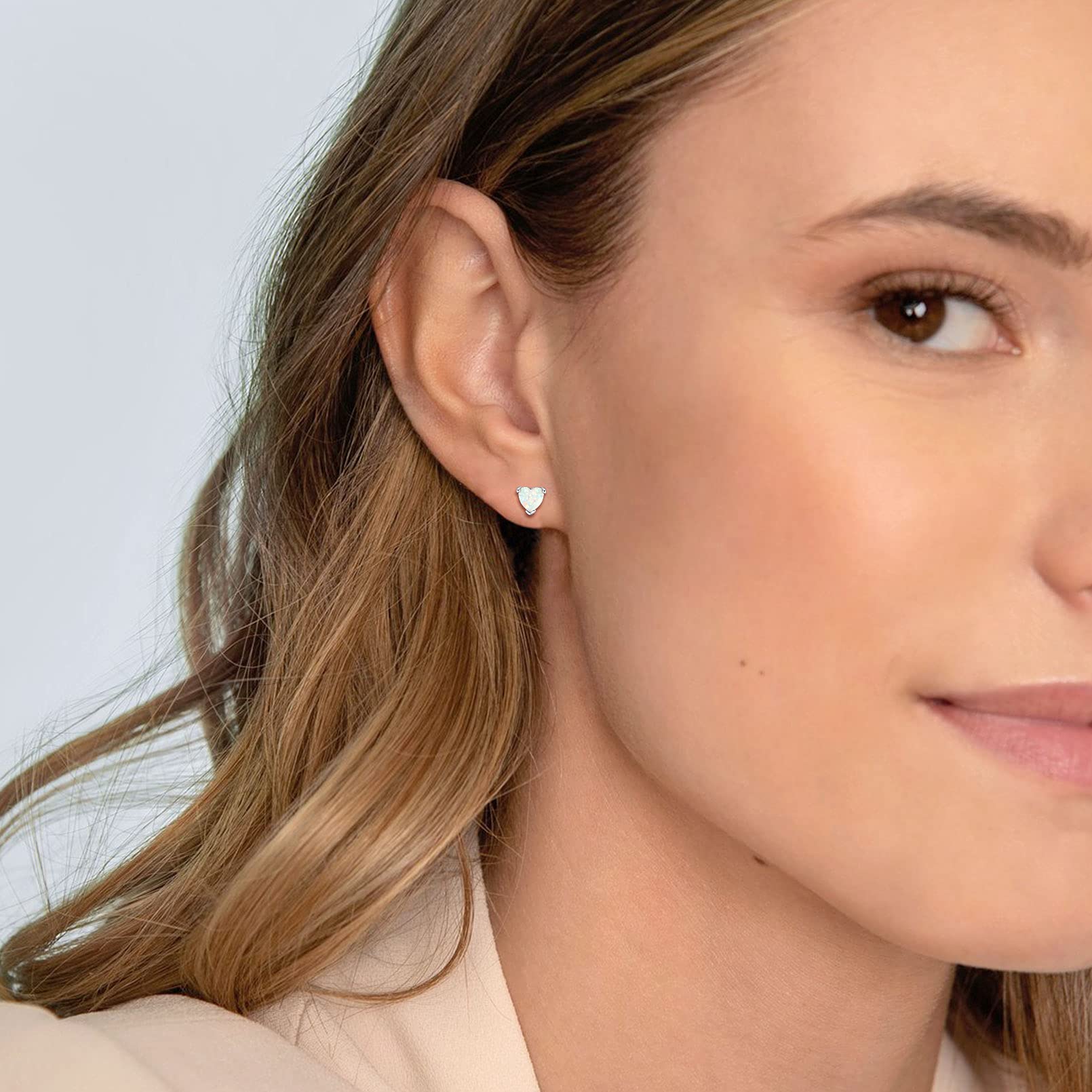 ChicSilver 5mm Heart Earrings Small Created White Opal Jewelry for Women Girls, Sterling Silver Birthstone Stud Earrings Hypoallergenic Birthday Gift