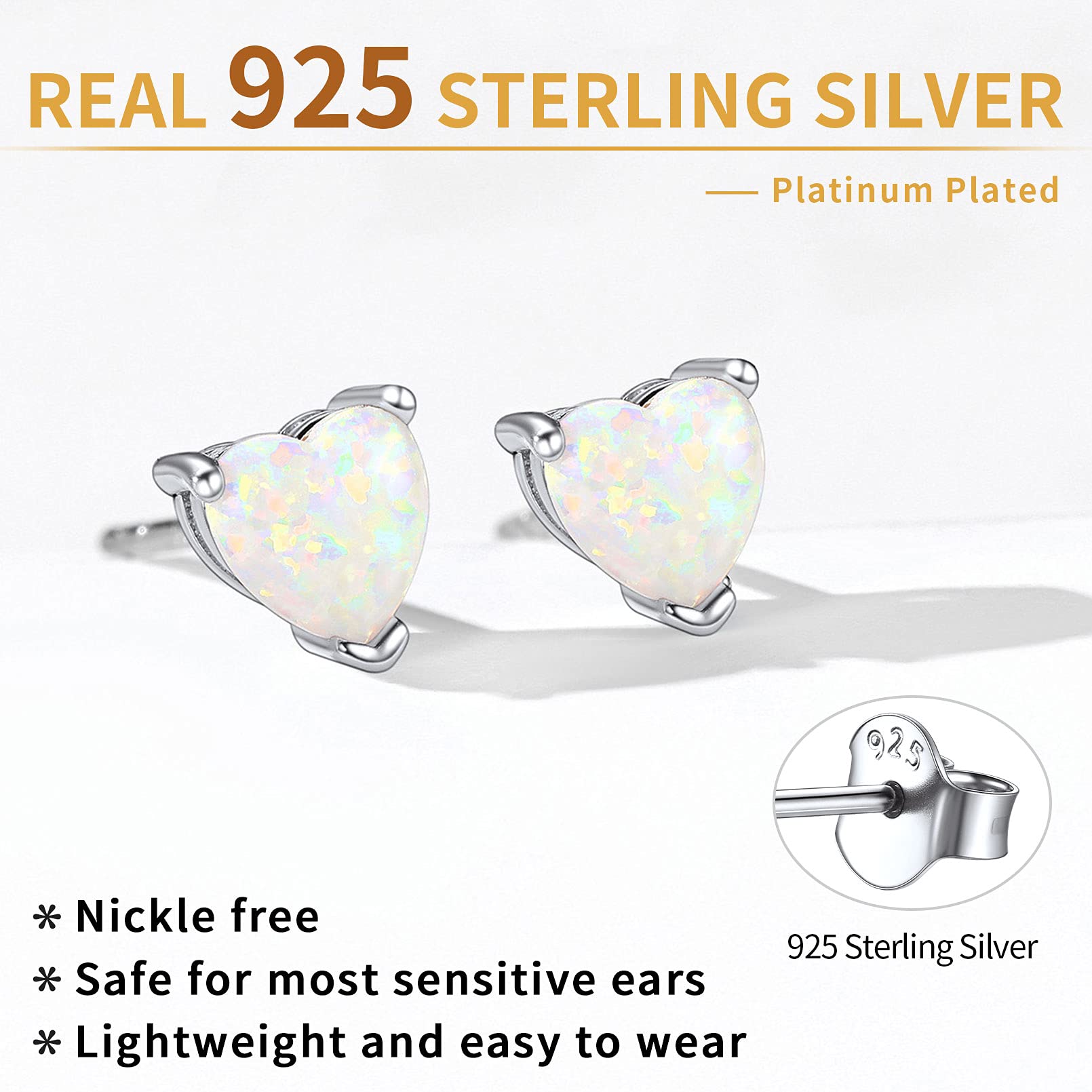 ChicSilver 5mm Heart Earrings Small Created White Opal Jewelry for Women Girls, Sterling Silver Birthstone Stud Earrings Hypoallergenic Birthday Gift