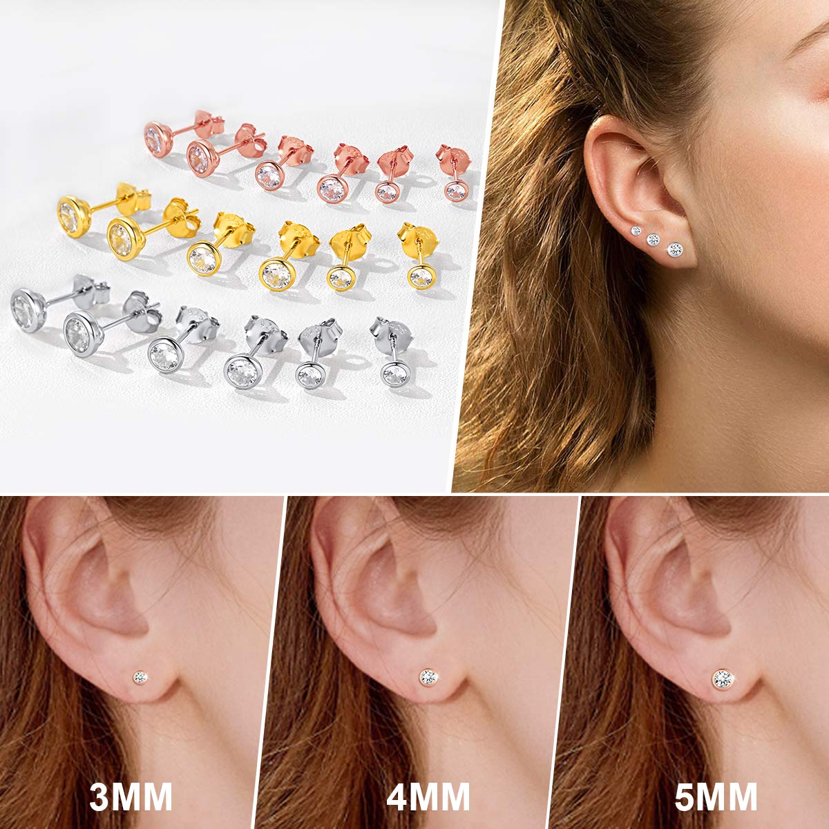 ChicSilver 3 Pairs Sterling Silver Stud Earrings for Women Men, 3/4/5MM Hypoallergenic Simulated Diamond Round Cubic Zirconia Ear Stud Set for Sensitive Ears, Silver