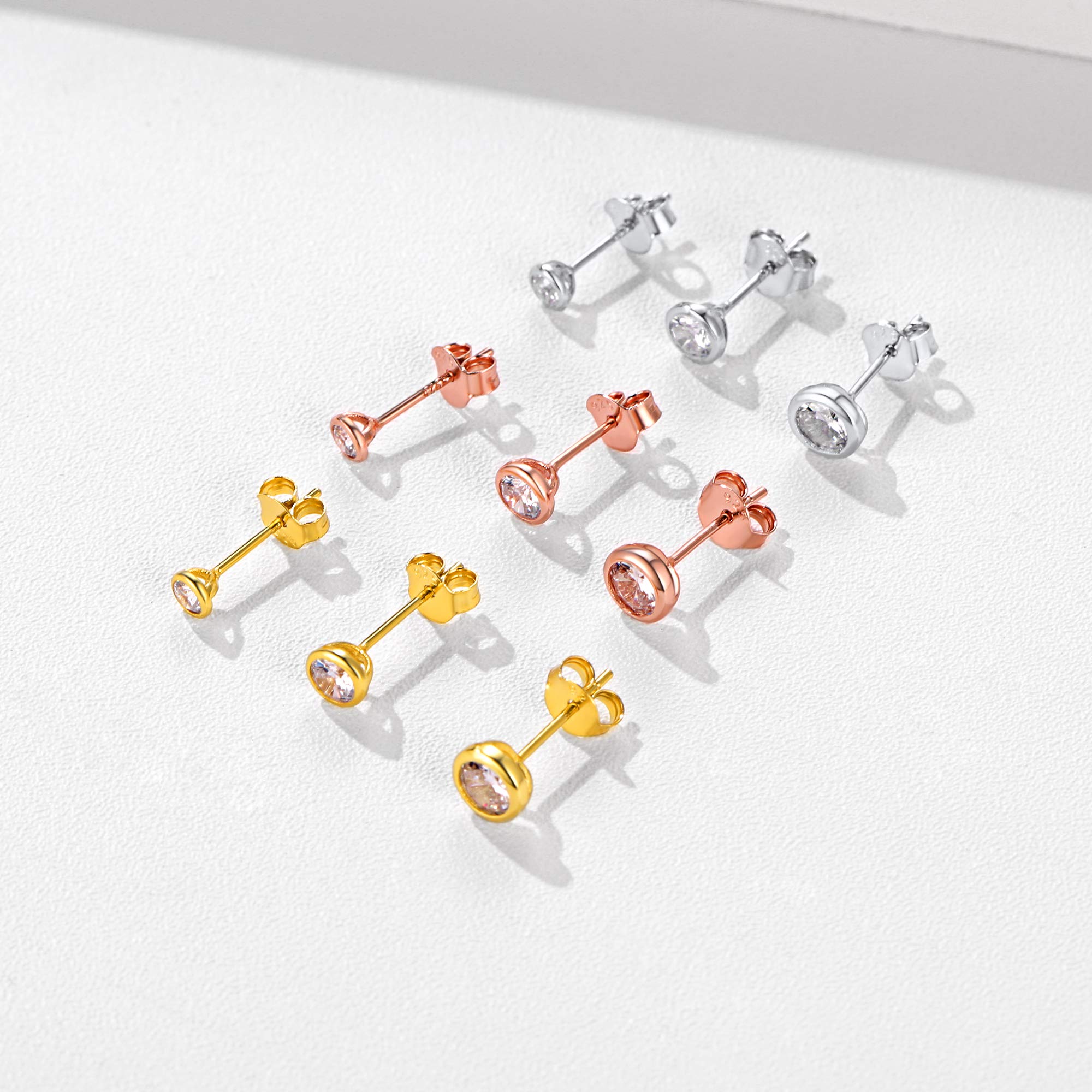 ChicSilver 3 Pairs Sterling Silver Stud Earrings for Women Men, 3/4/5MM Hypoallergenic Simulated Diamond Round Cubic Zirconia Ear Stud Set for Sensitive Ears, Silver