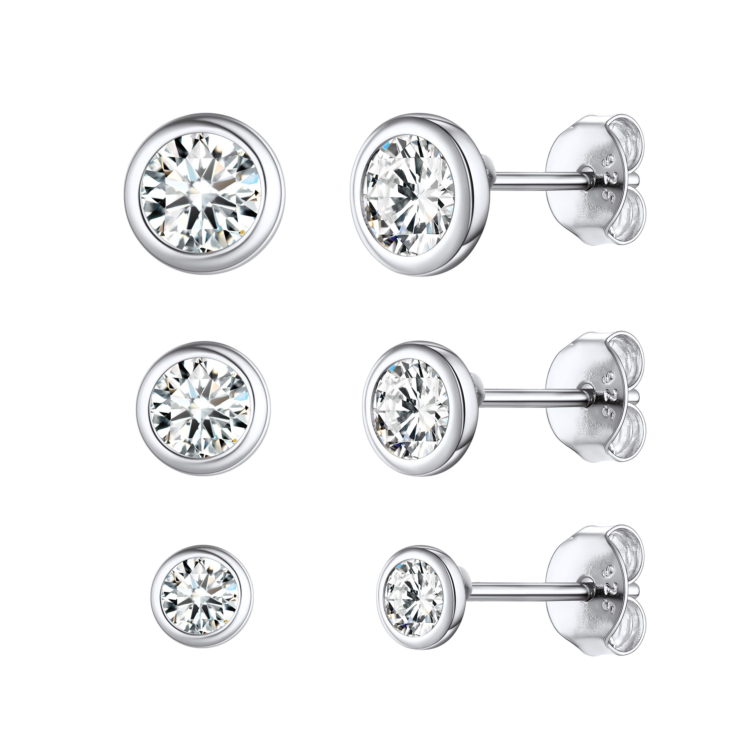 ChicSilver 3 Pairs Sterling Silver Stud Earrings for Women Men, 3/4/5MM Hypoallergenic Simulated Diamond Round Cubic Zirconia Ear Stud Set for Sensitive Ears, Silver