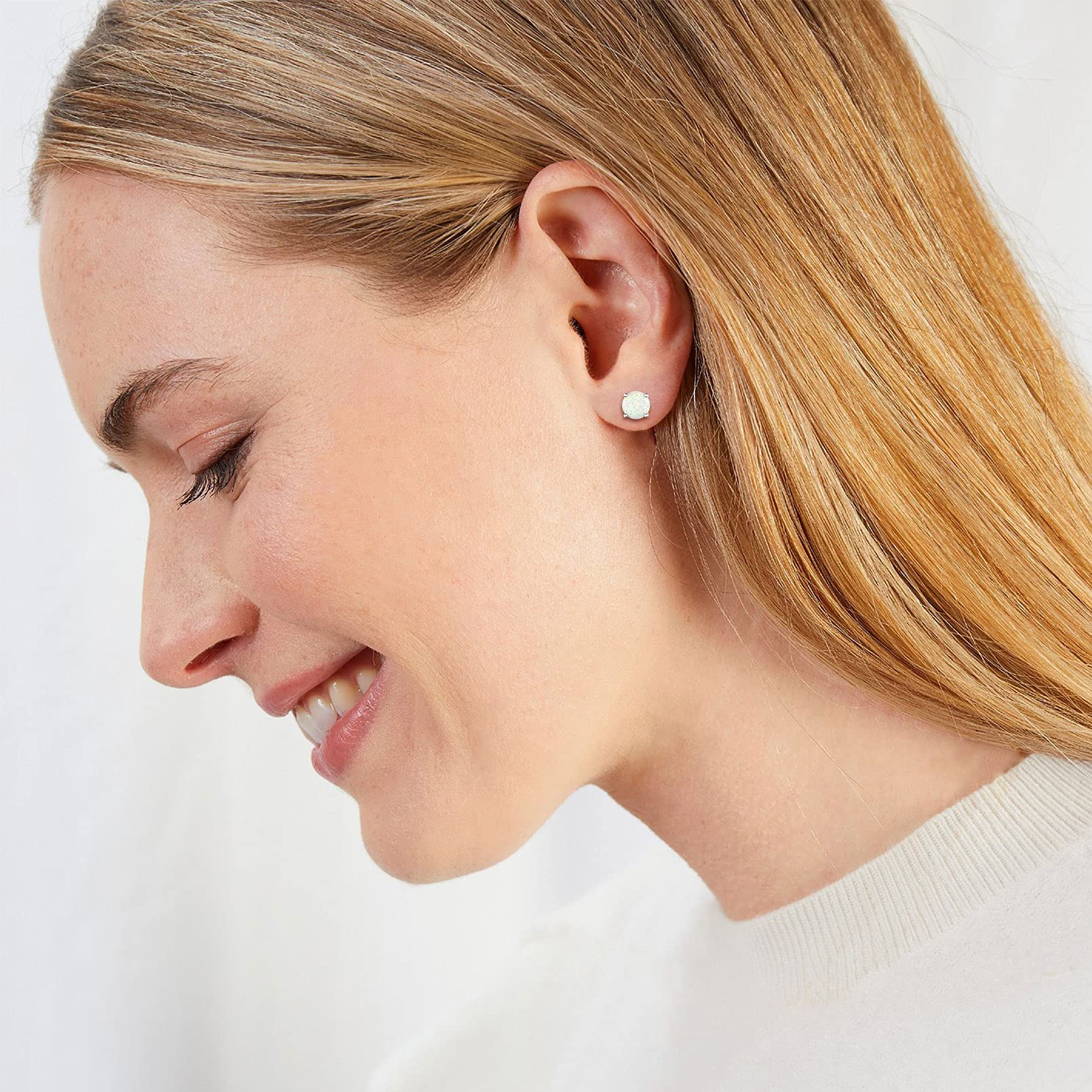 ChicSilver 5mm Heart Earrings Small Created White Opal Jewelry for Women Girls, Sterling Silver Birthstone Stud Earrings Hypoallergenic Birthday Gift