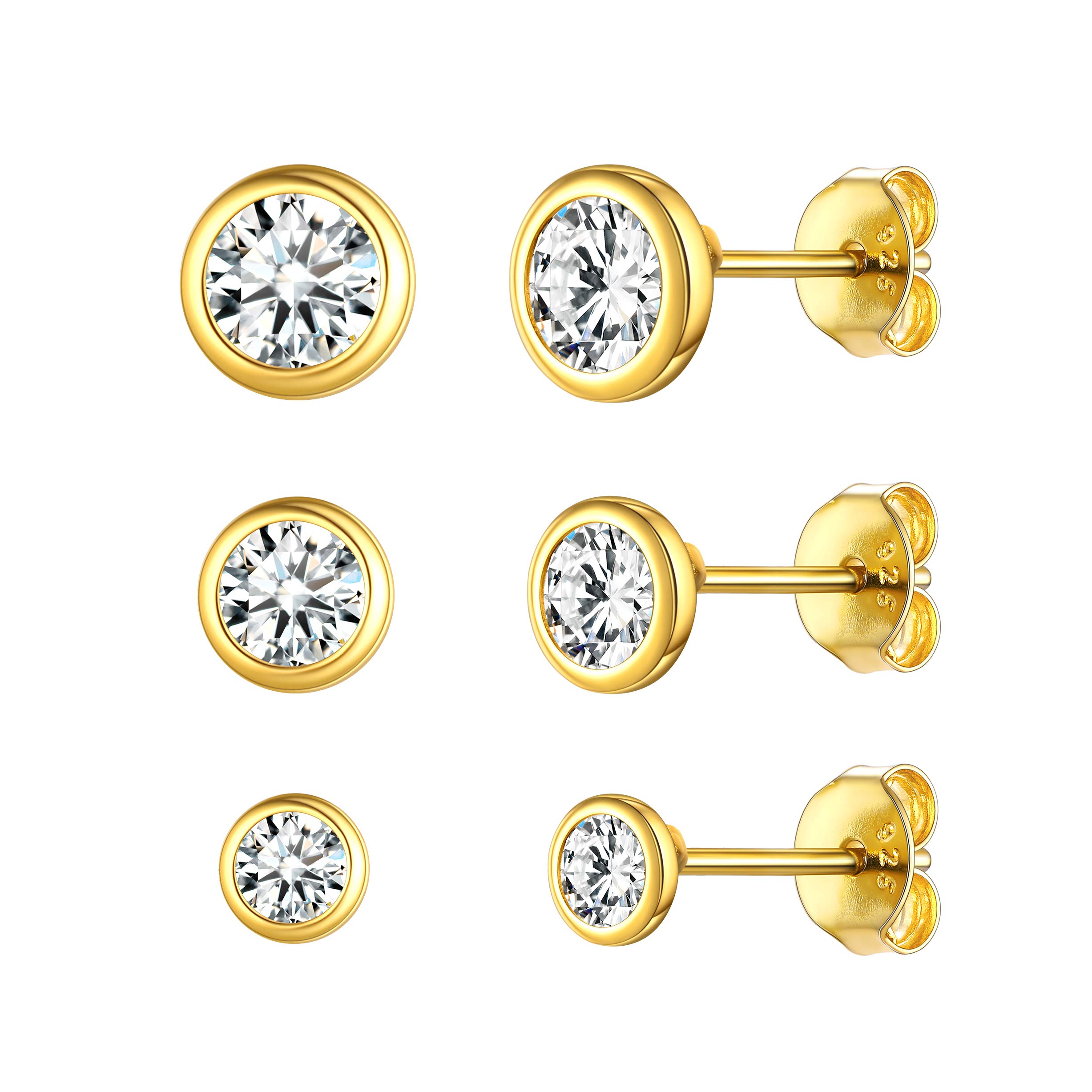 ChicSilver 3 Pairs Sterling Silver Stud Earrings for Women Men, 3/4/5MM Hypoallergenic Simulated Diamond Round Cubic Zirconia Ear Stud Set for Sensitive Ears, Silver