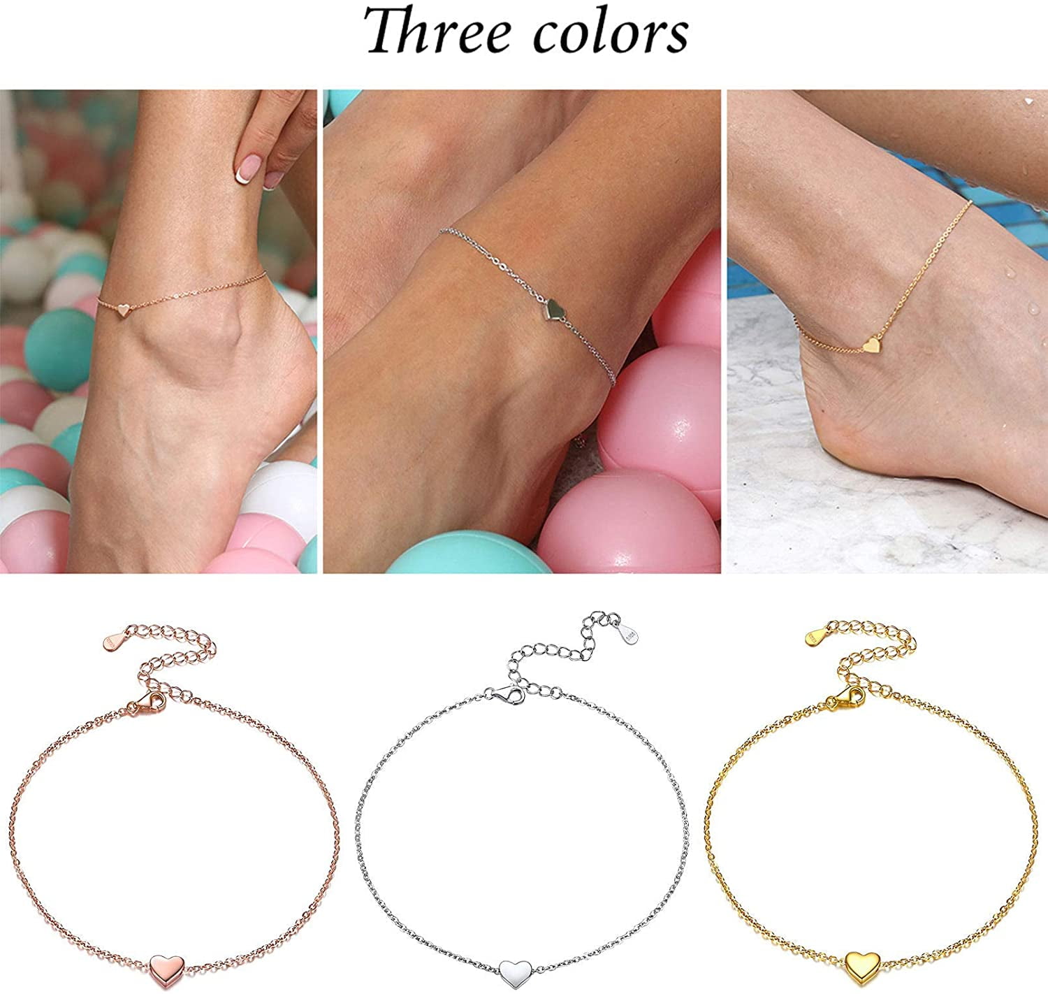 ChicSilver Womens Anklets 925 Sterling Silver Tiny Heart Charm Anklet Bracelet Adjustable