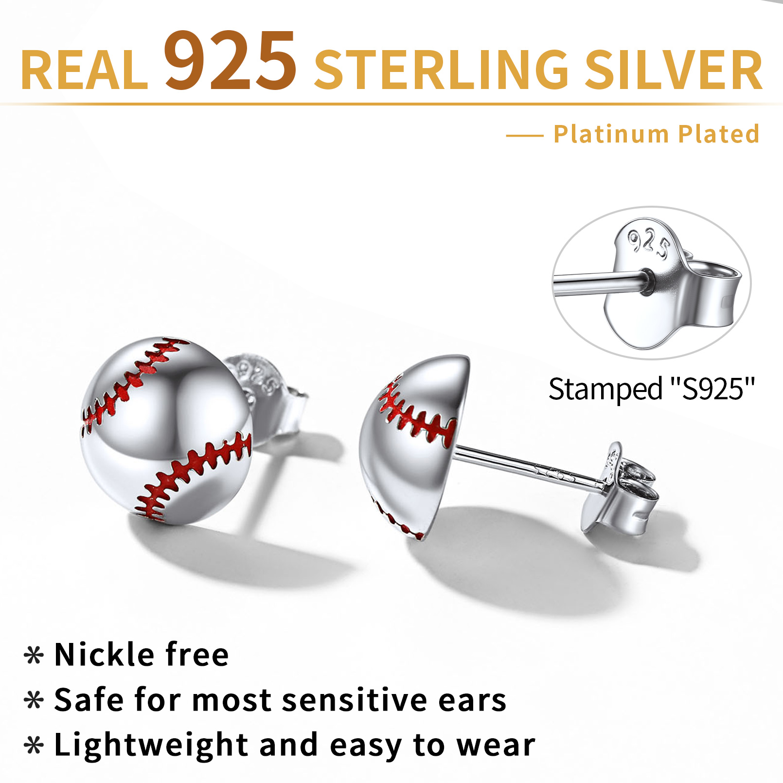 ChicSilver 925 Sterling Silver Stud Earrings Hypoallergenic Baseball/Soccer Earrings Gifts for Women Men Player Fan