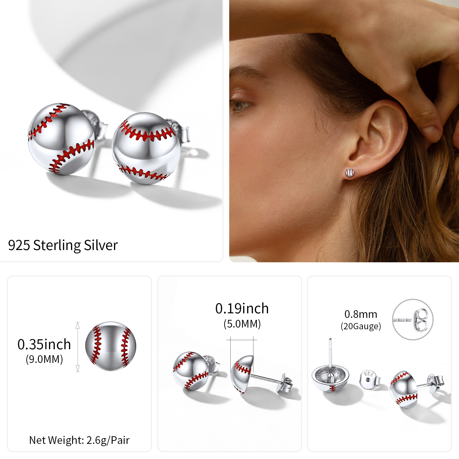 ChicSilver 925 Sterling Silver Stud Earrings Hypoallergenic Baseball/Soccer Earrings Gifts for Women Men Player Fan