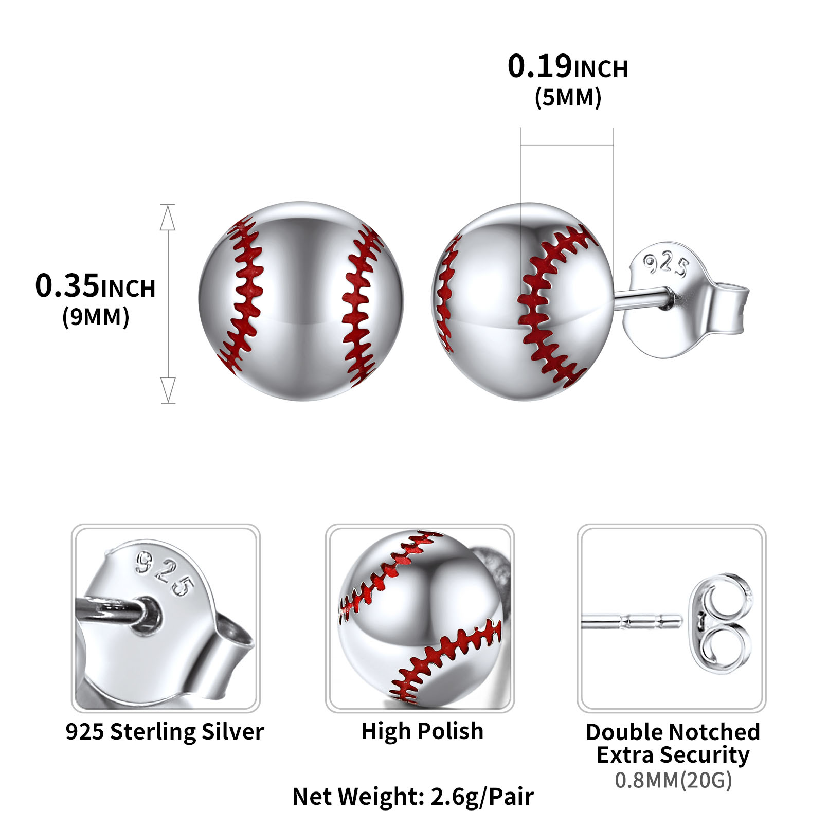 ChicSilver 925 Sterling Silver Stud Earrings Hypoallergenic Baseball/Soccer Earrings Gifts for Women Men Player Fan