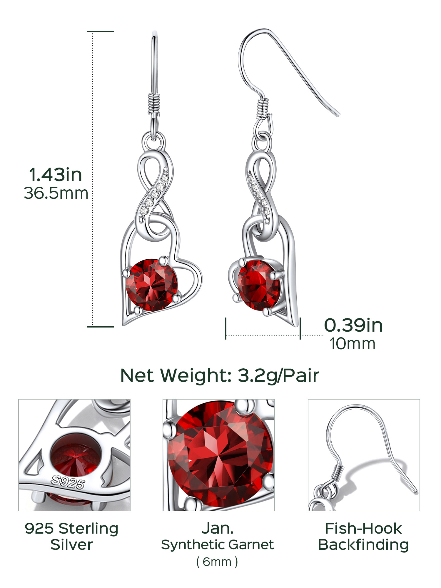 ChicSilver Drop Dangle Earrings for Women Ladies Heart Infinity Shape Birthstone 925 Sterling Silver Birthday Christmas Mother's Day Gifts for Her